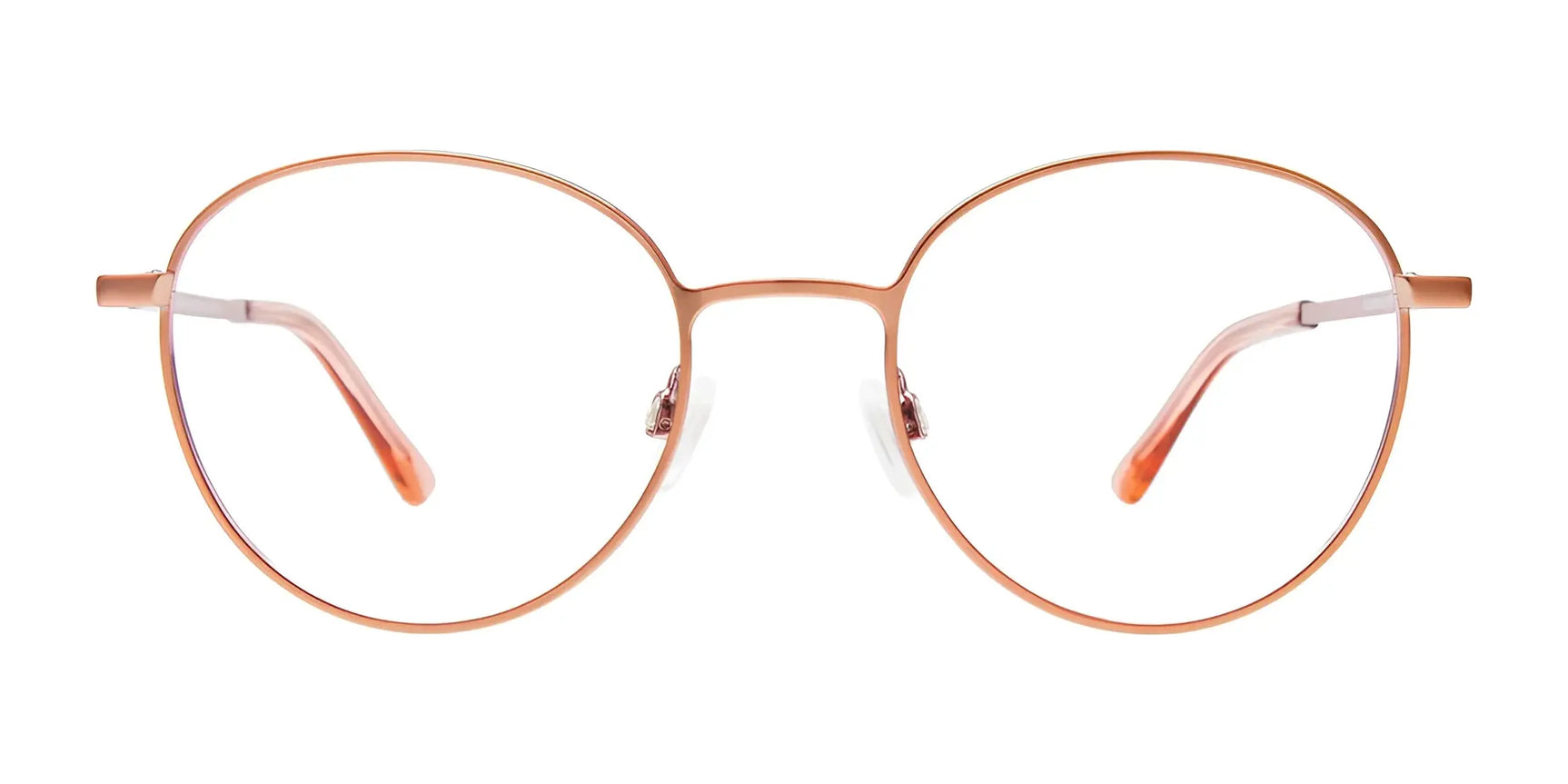 The EasyClip EC625 Eyeglasses by EasyClip feature round, thin rose gold frames with clear nose pads, pink-tinted temple tips, and a convenient clip-on for polarized sunglasses. Size 51. Shown on a white background. The EasyClip EC625 Eyeglasses by EasyClip feature round, thin rose gold frames with clear nose pads, pink-tinted temple tips, and a convenient clip-on for polarized sunglasses. Size 51. Shown on a white background.