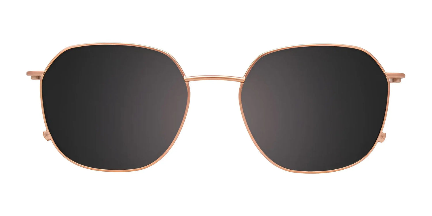 The EasyClip EC626 Eyeglasses with Clip-on Sunglasses (Size 51) by EasyClip feature rose gold metal frames and black square lenses. Includes a polarized clip for easy transition from eyeglasses to sunglasses. Shown on a white background. The EasyClip EC626 Eyeglasses with Clip-on Sunglasses (Size 51) by EasyClip feature rose gold metal frames and black square lenses. Includes a polarized clip for easy transition from eyeglasses to sunglasses. Shown on a white background.