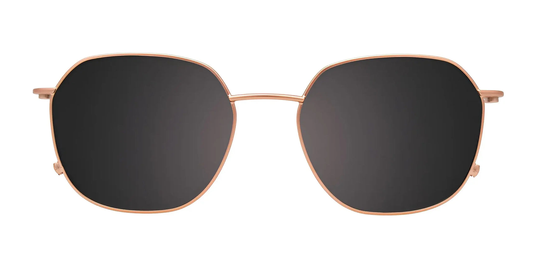 The EasyClip EC626 Eyeglasses with Clip-on Sunglasses (Size 51) by EasyClip feature rose gold metal frames and black square lenses. Includes a polarized clip for easy transition from eyeglasses to sunglasses. Shown on a white background. The EasyClip EC626 Eyeglasses with Clip-on Sunglasses (Size 51) by EasyClip feature rose gold metal frames and black square lenses. Includes a polarized clip for easy transition from eyeglasses to sunglasses. Shown on a white background.