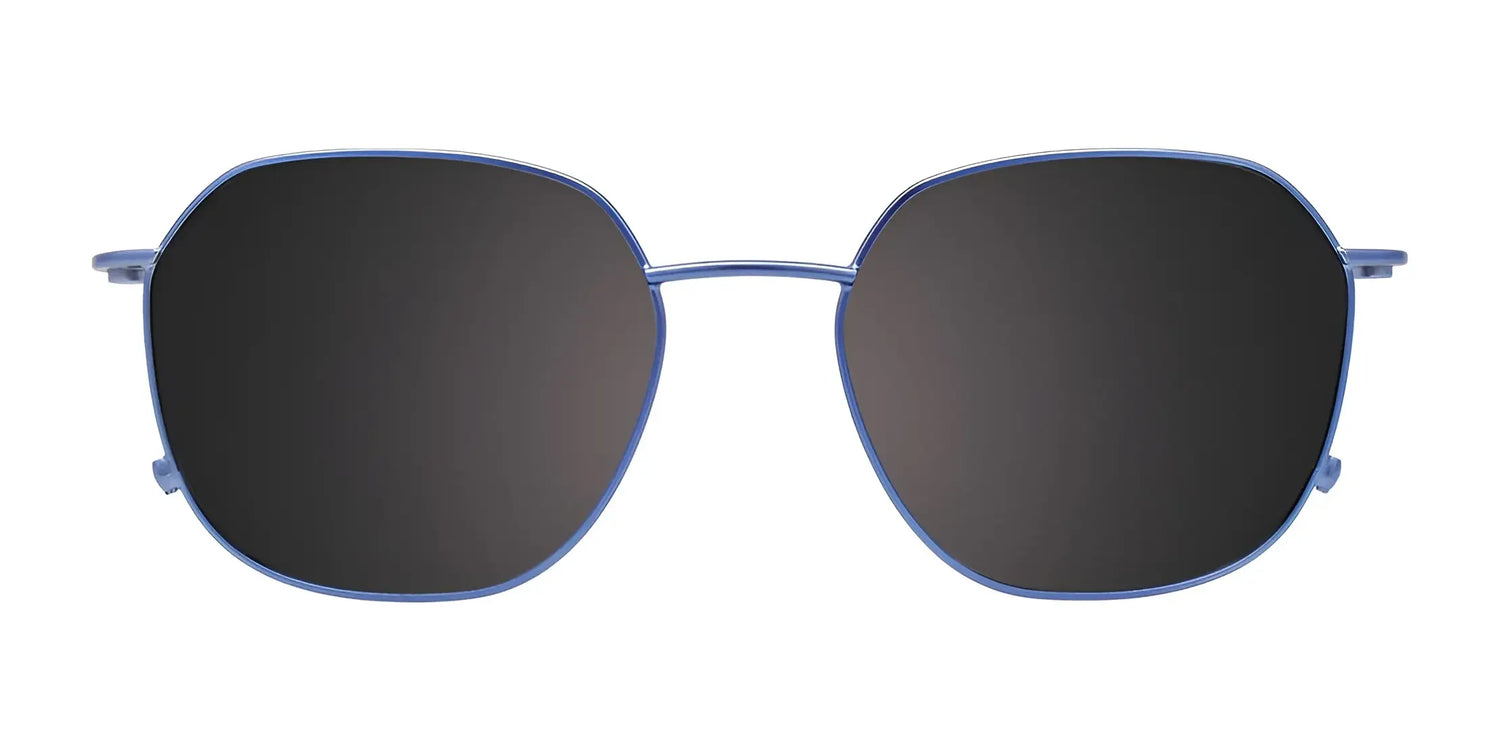 Front view of large, square clip-on sunglasses with black lenses and thin blue metal frames, shown on a white background, designed for EasyClip EC626 Eyeglasses with Clip-on Sunglasses | Size 51 by EasyClip. Front view of large, square clip-on sunglasses with black lenses and thin blue metal frames, shown on a white background, designed for EasyClip EC626 Eyeglasses with Clip-on Sunglasses | Size 51 by EasyClip.