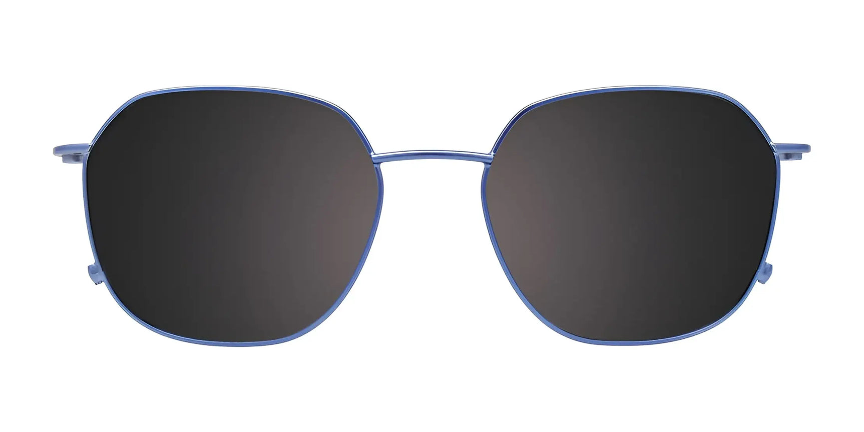 Front view of large, square clip-on sunglasses with black lenses and thin blue metal frames, shown on a white background, designed for EasyClip EC626 Eyeglasses with Clip-on Sunglasses | Size 51 by EasyClip. Front view of large, square clip-on sunglasses with black lenses and thin blue metal frames, shown on a white background, designed for EasyClip EC626 Eyeglasses with Clip-on Sunglasses | Size 51 by EasyClip.
