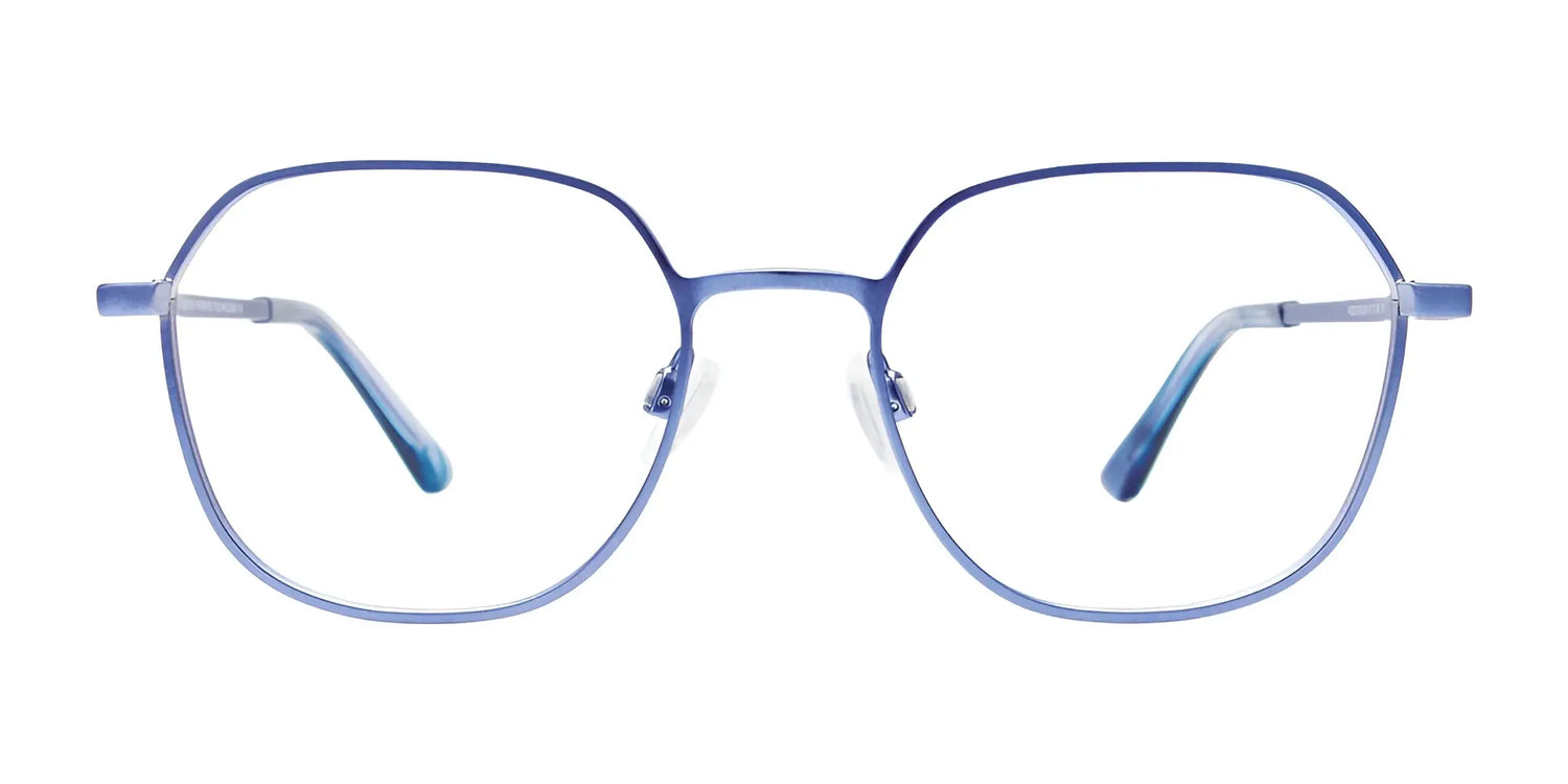 Blue, square-rimmed EasyClip EC626 Eyeglasses with thin metal frames from EasyClip, shown front-facing on a white background. Includes a handy polarized clip-on sunglass for versatile use. Size 51. Blue, square-rimmed EasyClip EC626 Eyeglasses with thin metal frames from EasyClip, shown front-facing on a white background. Includes a handy polarized clip-on sunglass for versatile use. Size 51.