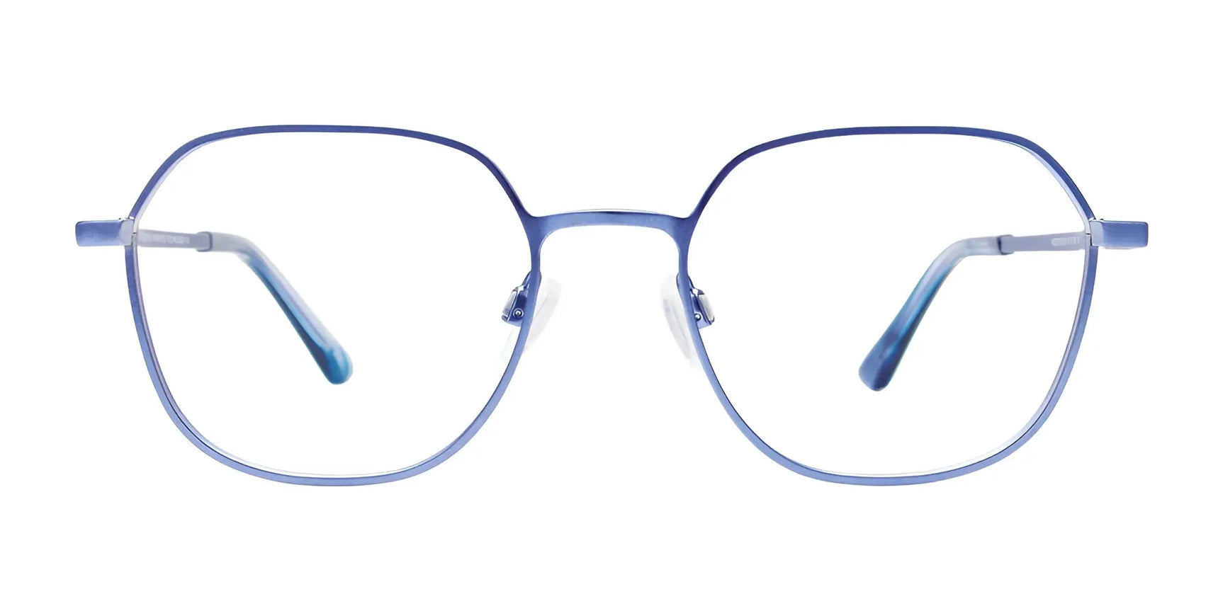 Blue, square-rimmed EasyClip EC626 Eyeglasses with thin metal frames from EasyClip, shown front-facing on a white background. Includes a handy polarized clip-on sunglass for versatile use. Size 51. Blue, square-rimmed EasyClip EC626 Eyeglasses with thin metal frames from EasyClip, shown front-facing on a white background. Includes a handy polarized clip-on sunglass for versatile use. Size 51.