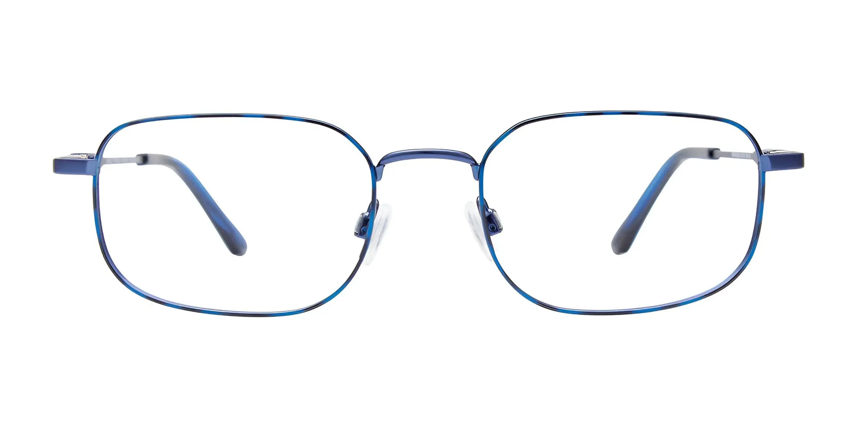 The EasyClip EC629 Eyeglasses with Clip-on Sunglasses (Size 51) by EasyClip feature blue rectangular thin metal frames, shown front-facing on a white background. Prescription-ready for versatile everyday wear. The EasyClip EC629 Eyeglasses with Clip-on Sunglasses (Size 51) by EasyClip feature blue rectangular thin metal frames, shown front-facing on a white background. Prescription-ready for versatile everyday wear.