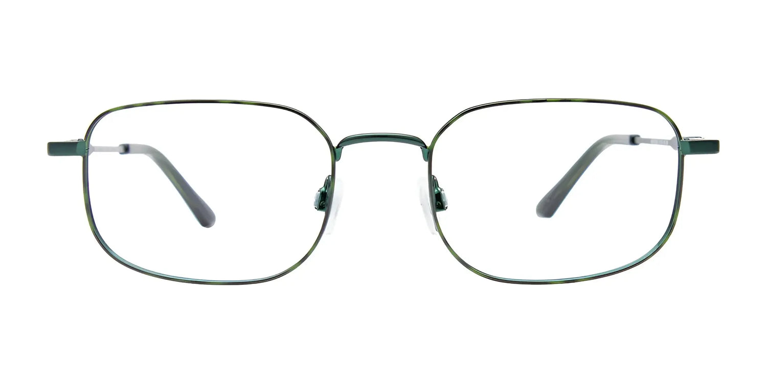 EasyClip EC629 Eyeglasses by EasyClip feature green metal square frames with thin rims, clear prescription-ready lenses, and clip-on sunglasses. Displayed on a white background. Size 51. EasyClip EC629 Eyeglasses by EasyClip feature green metal square frames with thin rims, clear prescription-ready lenses, and clip-on sunglasses. Displayed on a white background. Size 51.