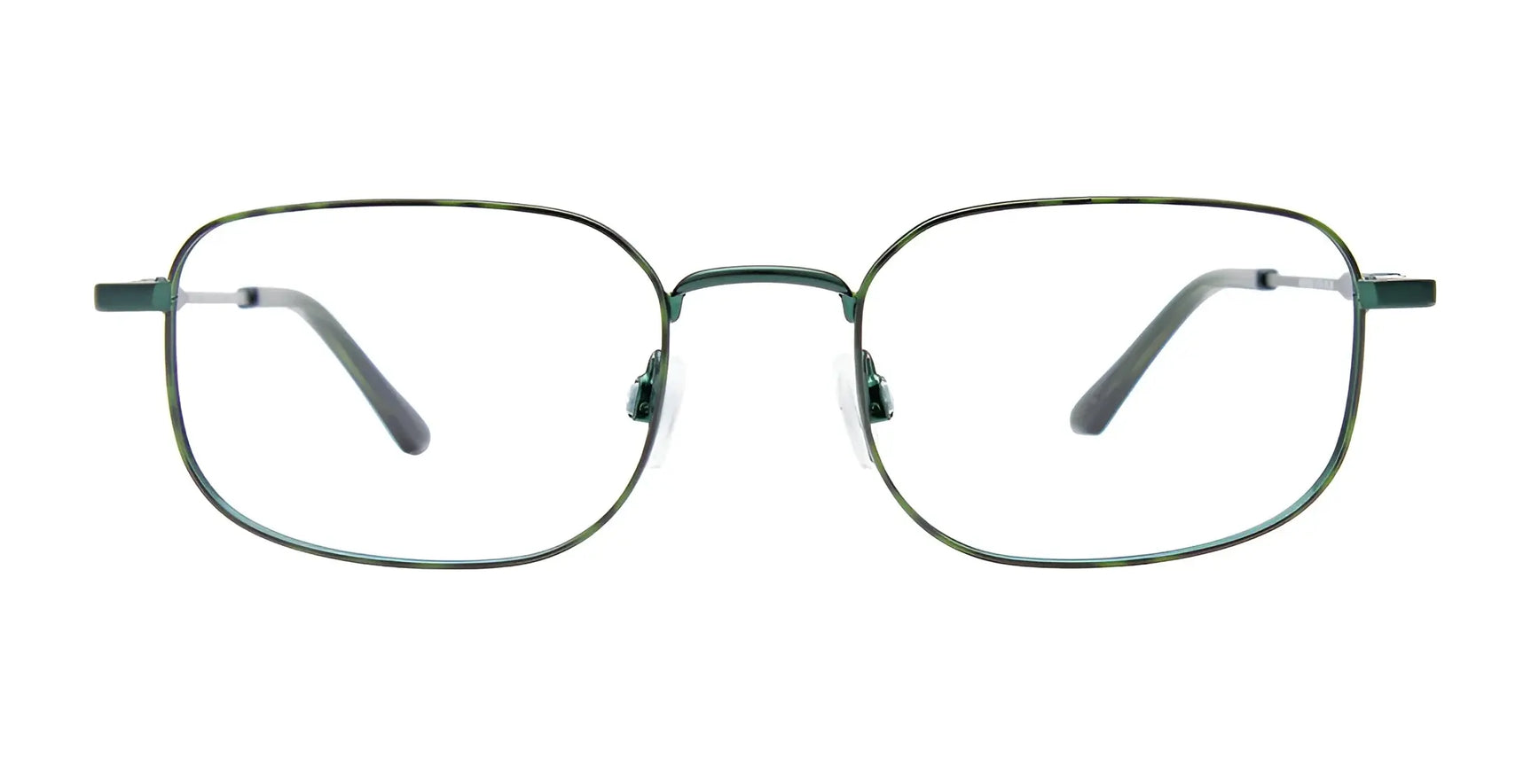 EasyClip EC629 Eyeglasses by EasyClip feature green metal square frames with thin rims, clear prescription-ready lenses, and clip-on sunglasses. Displayed on a white background. Size 51. EasyClip EC629 Eyeglasses by EasyClip feature green metal square frames with thin rims, clear prescription-ready lenses, and clip-on sunglasses. Displayed on a white background. Size 51.