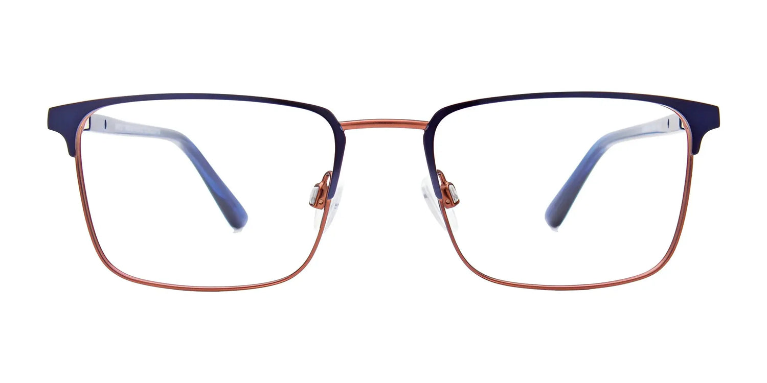 EasyClip EC631 Eyeglasses by EasyClip, size 50, feature thin rectangular dual-tone navy blue and copper frames with a convenient clip-on sunglasses option, shown on a white background. EasyClip EC631 Eyeglasses by EasyClip, size 50, feature thin rectangular dual-tone navy blue and copper frames with a convenient clip-on sunglasses option, shown on a white background.