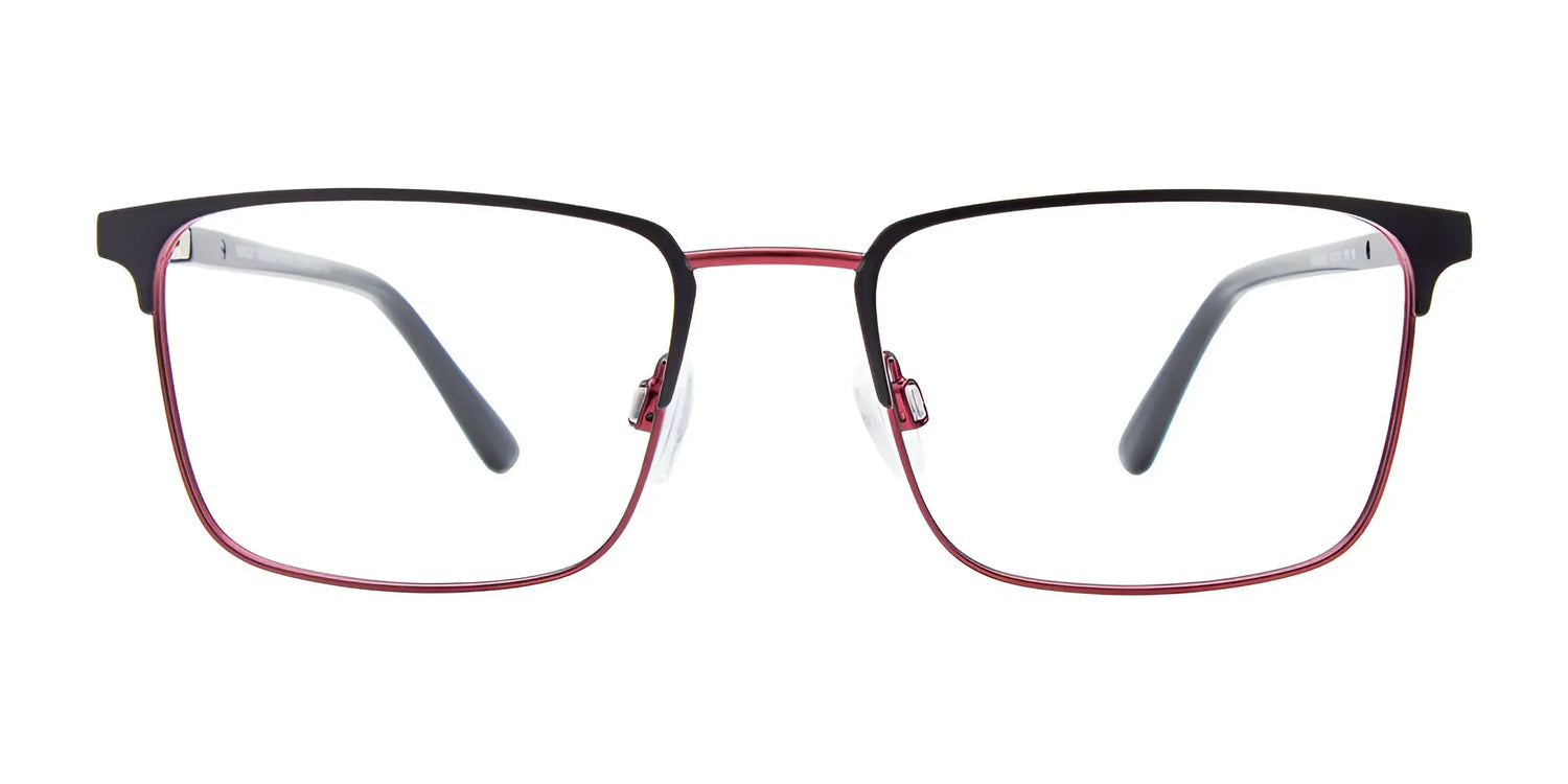 EasyClip EC631 eyeglasses by EasyClip, size 50, feature rectangular thin black and red metal frames with a front view on a white background, plus a convenient clip-on for easy conversion into polarized sunglasses. EasyClip EC631 eyeglasses by EasyClip, size 50, feature rectangular thin black and red metal frames with a front view on a white background, plus a convenient clip-on for easy conversion into polarized sunglasses.