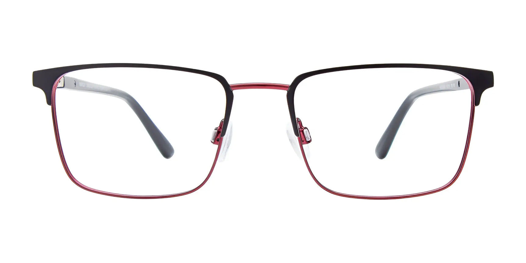 EasyClip EC631 eyeglasses by EasyClip, size 50, feature rectangular thin black and red metal frames with a front view on a white background, plus a convenient clip-on for easy conversion into polarized sunglasses. EasyClip EC631 eyeglasses by EasyClip, size 50, feature rectangular thin black and red metal frames with a front view on a white background, plus a convenient clip-on for easy conversion into polarized sunglasses.