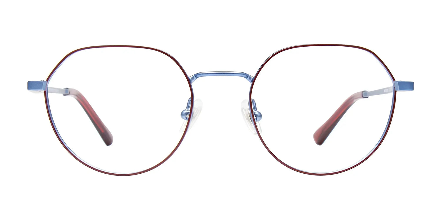 The EasyClip EC632 Eyeglasses by EasyClip feature round thin red frames with a blue bridge, combining fashion and vision correction, shown against a white background. Size 47. The EasyClip EC632 Eyeglasses by EasyClip feature round thin red frames with a blue bridge, combining fashion and vision correction, shown against a white background. Size 47.