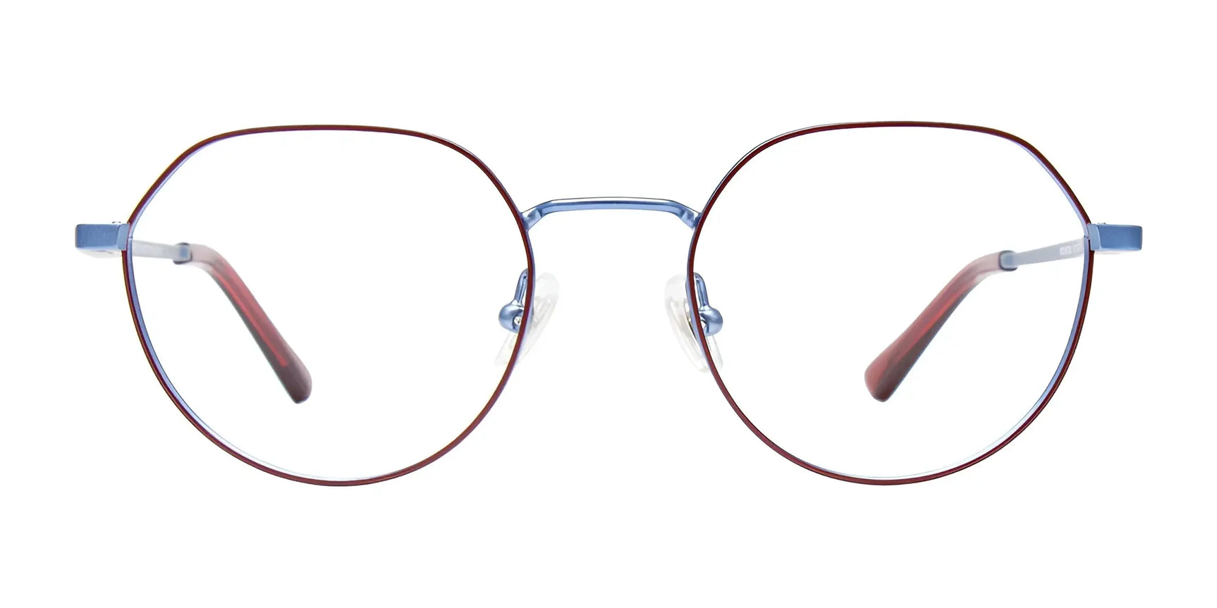 The EasyClip EC632 Eyeglasses by EasyClip feature round thin red frames with a blue bridge, combining fashion and vision correction, shown against a white background. Size 47. The EasyClip EC632 Eyeglasses by EasyClip feature round thin red frames with a blue bridge, combining fashion and vision correction, shown against a white background. Size 47.