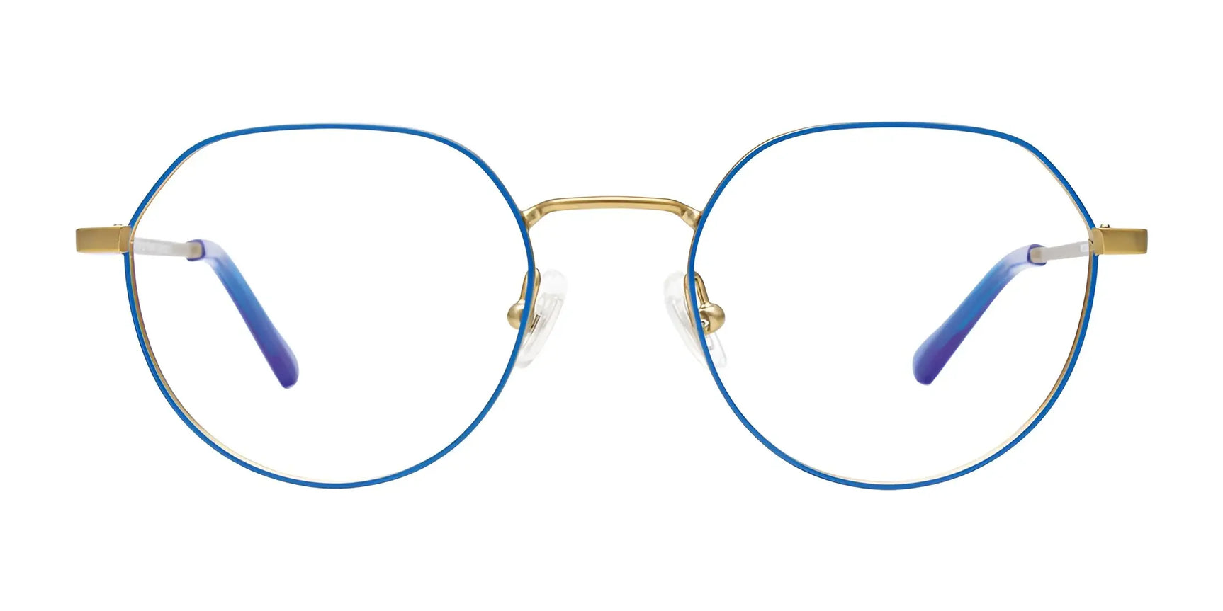 EasyClip EC632 Eyeglasses by EasyClip feature round, thin blue frames with a gold bridge and blue gradient temple tips for stylish vision correction. Size 47. EasyClip EC632 Eyeglasses by EasyClip feature round, thin blue frames with a gold bridge and blue gradient temple tips for stylish vision correction. Size 47.