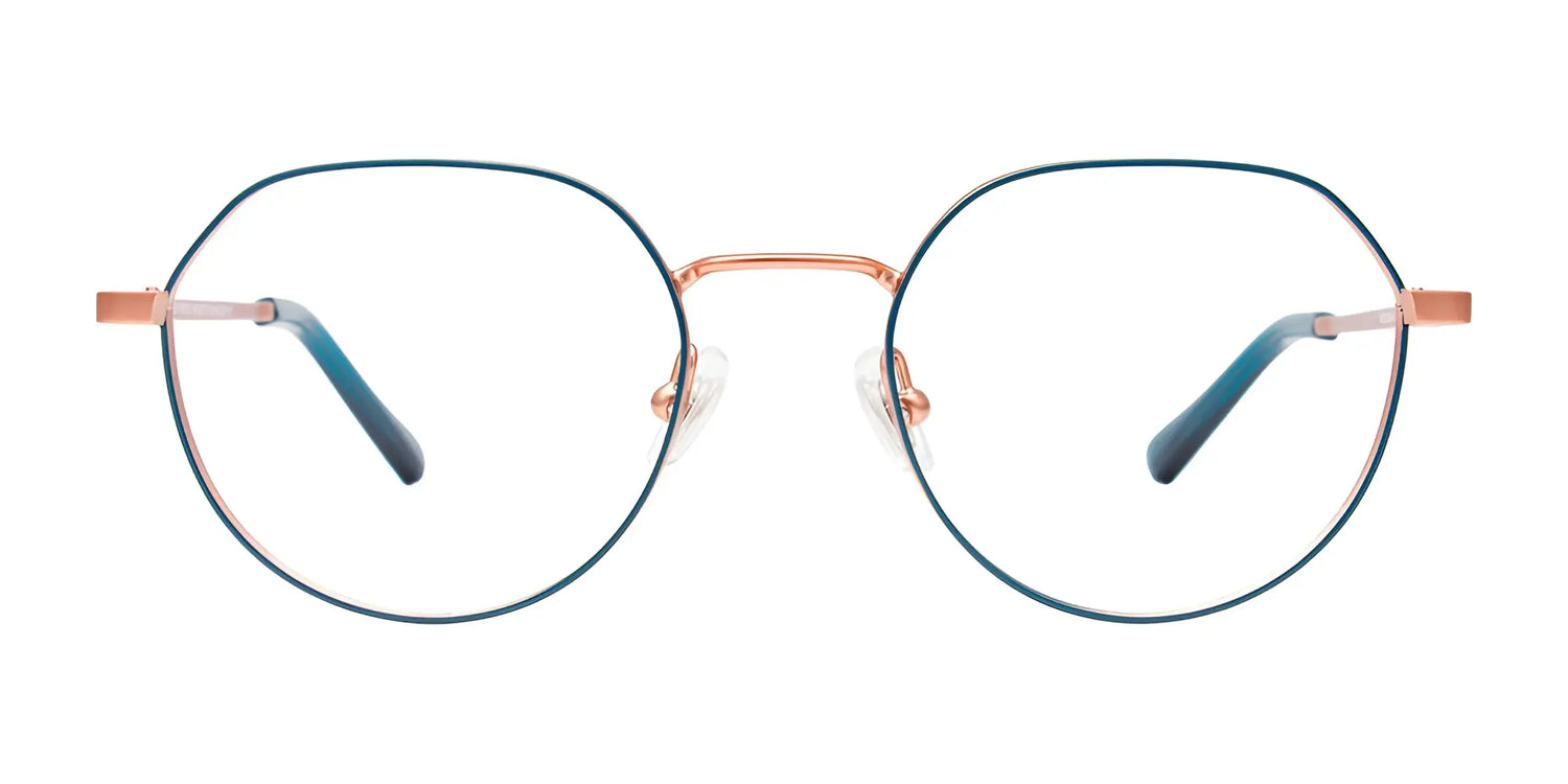 EasyClip EC632 Eyeglasses by EasyClip feature round blue and rose-gold metal wireframes, shown from the front on a white background—stylish vision correction in size 47. EasyClip EC632 Eyeglasses by EasyClip feature round blue and rose-gold metal wireframes, shown from the front on a white background—stylish vision correction in size 47.