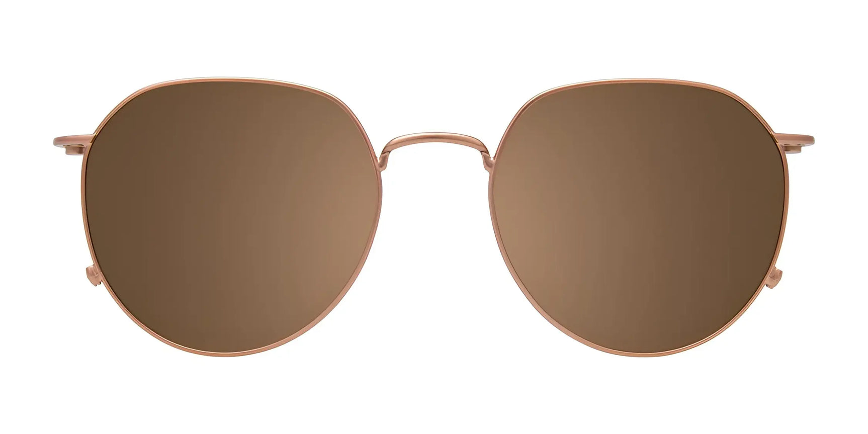 EasyClip EC633 Eyeglasses with Clip-on Sunglasses (Size 51) by EasyClip feature round, brown-lensed polarized clip-ons and thin gold metal frames, shown on a white background. EasyClip EC633 Eyeglasses with Clip-on Sunglasses (Size 51) by EasyClip feature round, brown-lensed polarized clip-ons and thin gold metal frames, shown on a white background.