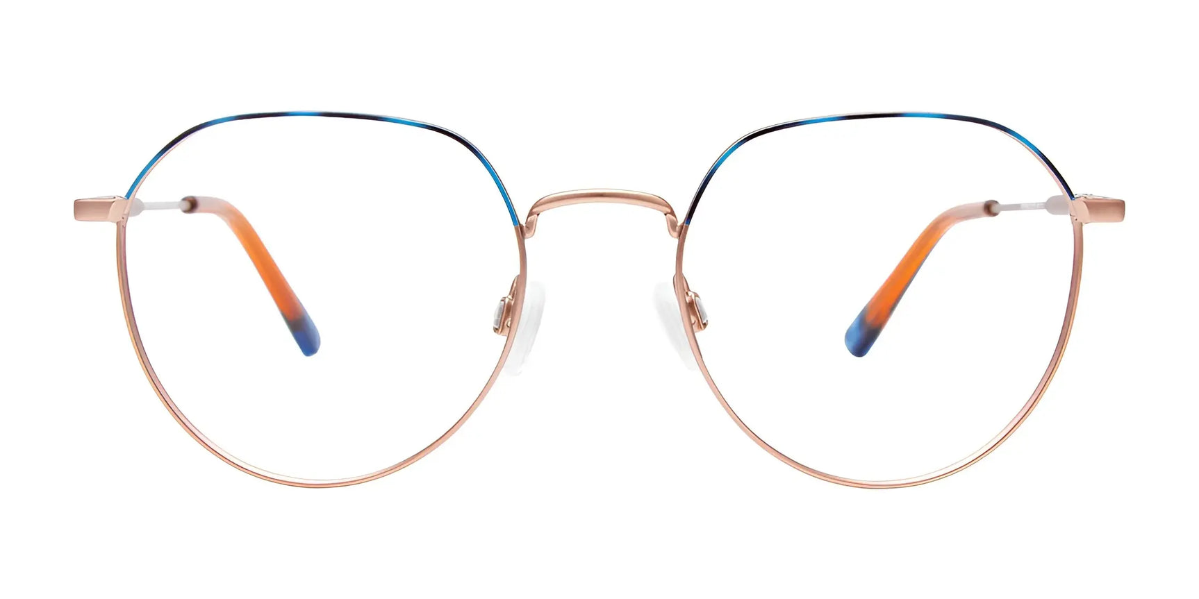 EasyClip EC633 Eyeglasses by EasyClip feature round gold-rimmed frames with thin edges and orange-to-blue gradient arms. Shown on a white background, they include clip-on sunglasses for added versatility. Size 51. EasyClip EC633 Eyeglasses by EasyClip feature round gold-rimmed frames with thin edges and orange-to-blue gradient arms. Shown on a white background, they include clip-on sunglasses for added versatility. Size 51.