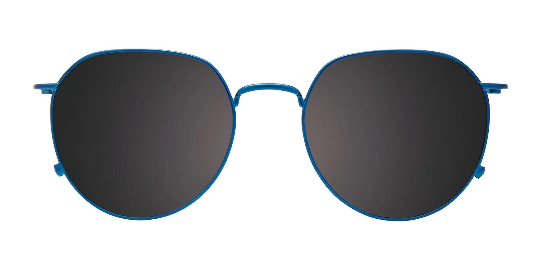 EasyClip EC633 Eyeglasses with Clip-on Sunglasses by EasyClip, size 51, featuring blue metal frames and dark oval lenses, rest on a white background. EasyClip EC633 Eyeglasses with Clip-on Sunglasses by EasyClip, size 51, featuring blue metal frames and dark oval lenses, rest on a white background.