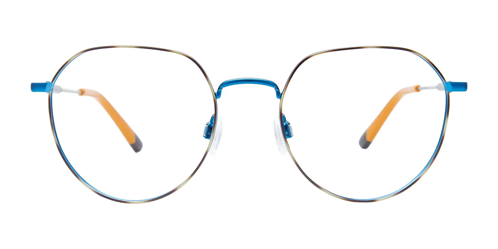 EasyClip EC633 Eyeglasses in size 51 feature round blue metal frames with orange temple tips, shown on a white background. Includes a clip-on sunglasses attachment for added versatility. EasyClip EC633 Eyeglasses in size 51 feature round blue metal frames with orange temple tips, shown on a white background. Includes a clip-on sunglasses attachment for added versatility.