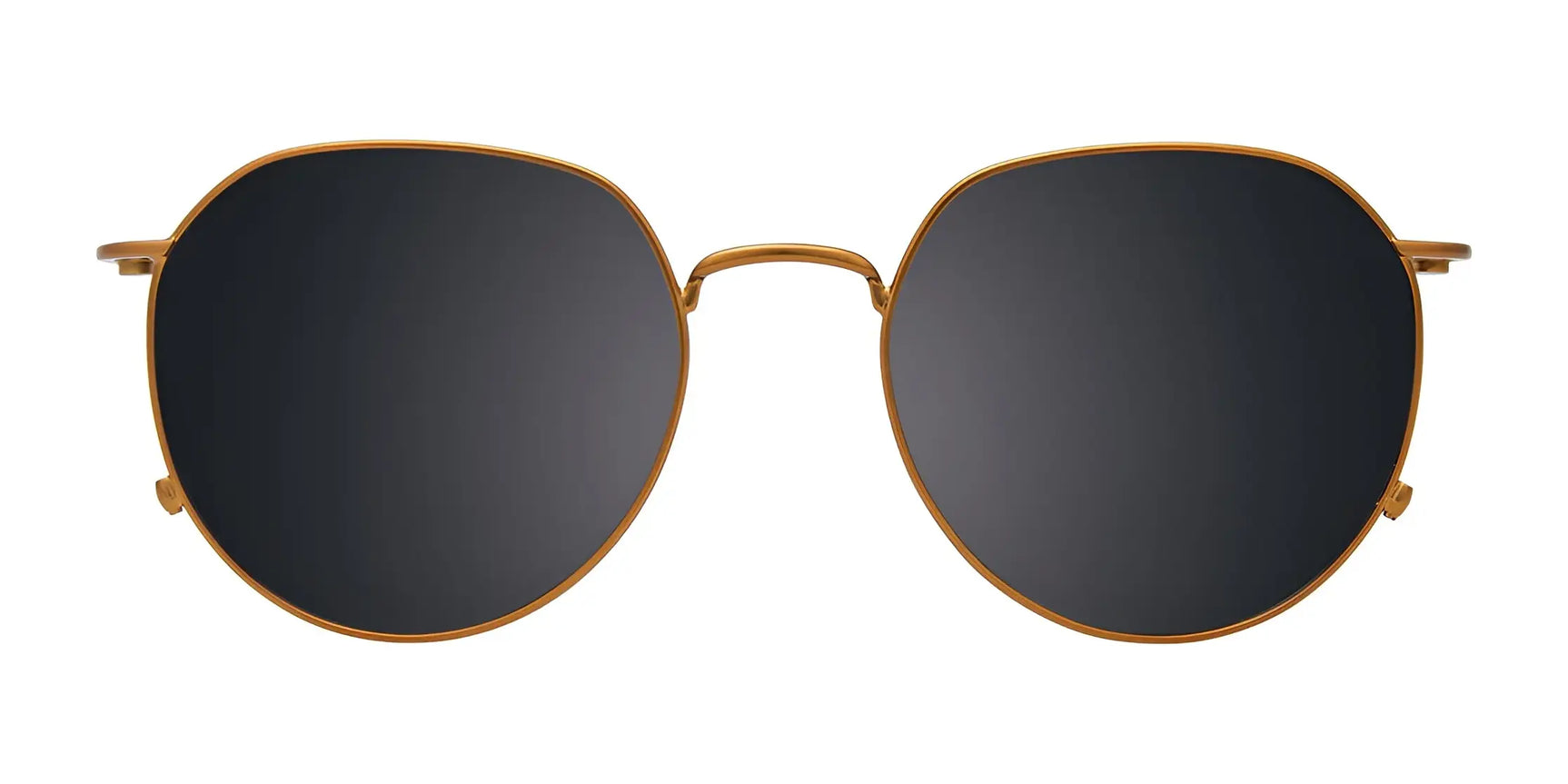 EasyClip EC633 Eyeglasses with Clip-on Sunglasses, size 51, feature thin gold metal frames and round black polarized lenses. Brand: EasyClip. Front view shown on a white background. EasyClip EC633 Eyeglasses with Clip-on Sunglasses, size 51, feature thin gold metal frames and round black polarized lenses. Brand: EasyClip. Front view shown on a white background.