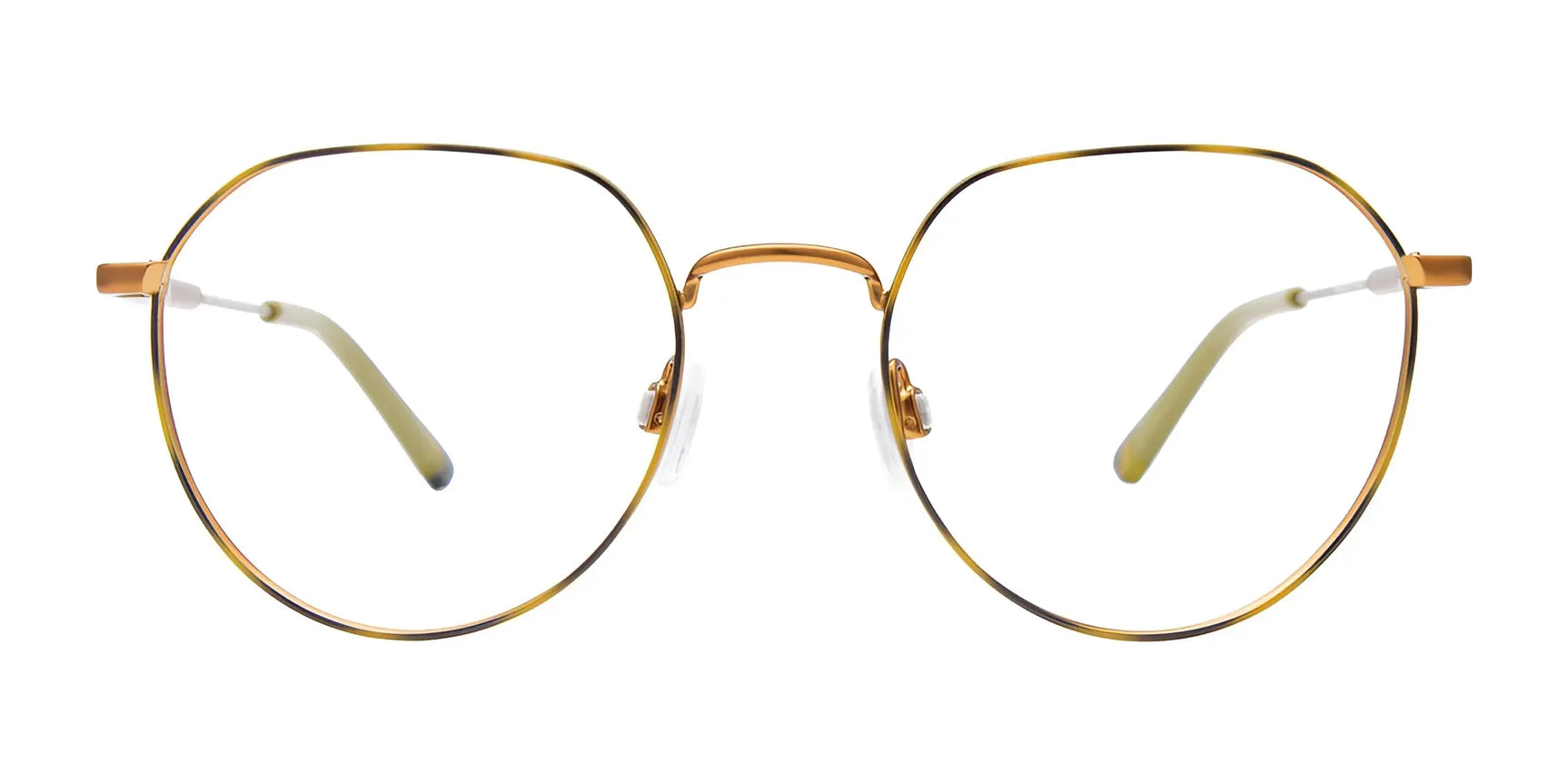 EasyClip EC633 eyeglasses by EasyClip feature gold wireframes, round lenses, and clear nose pads. Shown on a white background. Includes clip-on sunglasses for versatile style. Size 51. EasyClip EC633 eyeglasses by EasyClip feature gold wireframes, round lenses, and clear nose pads. Shown on a white background. Includes clip-on sunglasses for versatile style. Size 51.