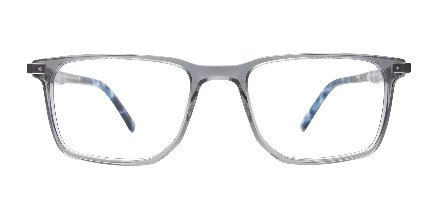 EasyClip EC634 Eyeglasses by EasyClip, size 50, feature clear rectangular gray transparent frames with blue-accented temples and a convenient clip-on for easy transition to polarized sunglasses. Shown on a white background. EasyClip EC634 Eyeglasses by EasyClip, size 50, feature clear rectangular gray transparent frames with blue-accented temples and a convenient clip-on for easy transition to polarized sunglasses. Shown on a white background.