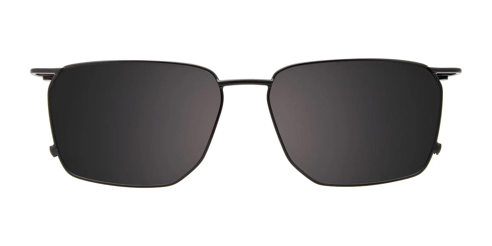 EasyClip EC634 Eyeglasses with Clip-on Sunglasses by EasyClip, size 50, featuring a black rectangular design and thin metal frames, shown from the front on a white background. EasyClip EC634 Eyeglasses with Clip-on Sunglasses by EasyClip, size 50, featuring a black rectangular design and thin metal frames, shown from the front on a white background.