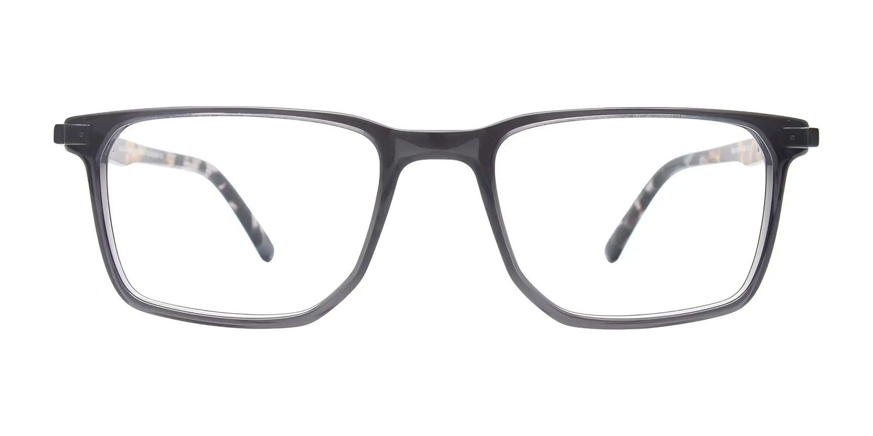 EasyClip EC634 Eyeglasses by EasyClip, in black with clear lenses and patterned inner arms, shown on a white background. Includes a clip-on for easy switch to polarized sunglasses. Size 50. EasyClip EC634 Eyeglasses by EasyClip, in black with clear lenses and patterned inner arms, shown on a white background. Includes a clip-on for easy switch to polarized sunglasses. Size 50.