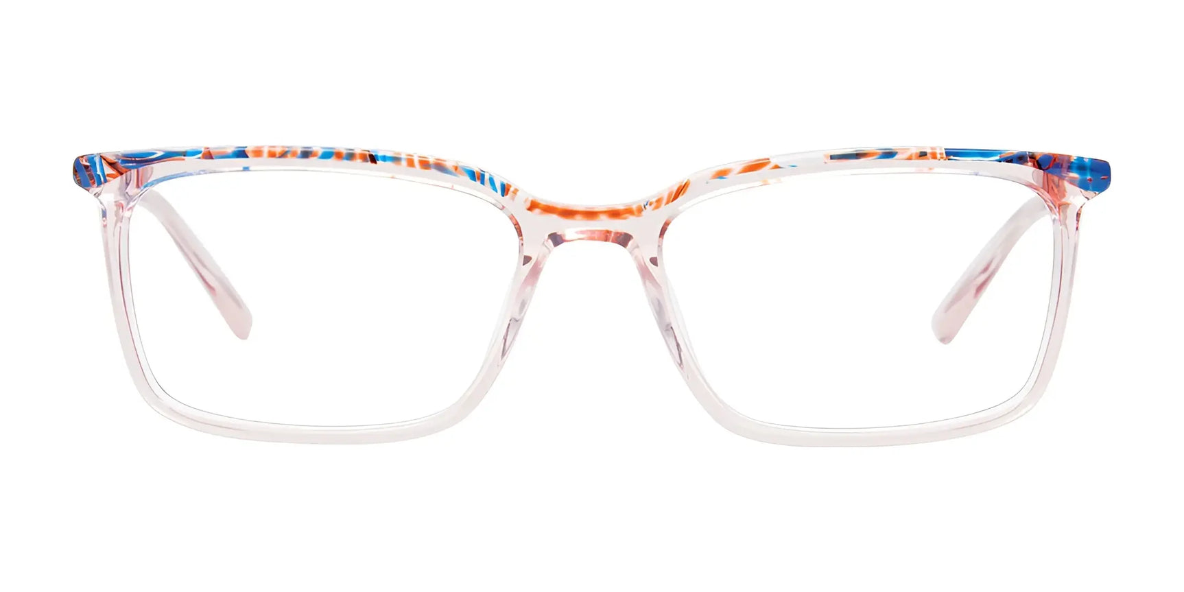 EasyClip EC635 Eyeglasses by EasyClip feature rectangular clear frames with orange and blue accents on the top edges, plus a clip-on sunglasses attachment for added versatility. Size 52. EasyClip EC635 Eyeglasses by EasyClip feature rectangular clear frames with orange and blue accents on the top edges, plus a clip-on sunglasses attachment for added versatility. Size 52.