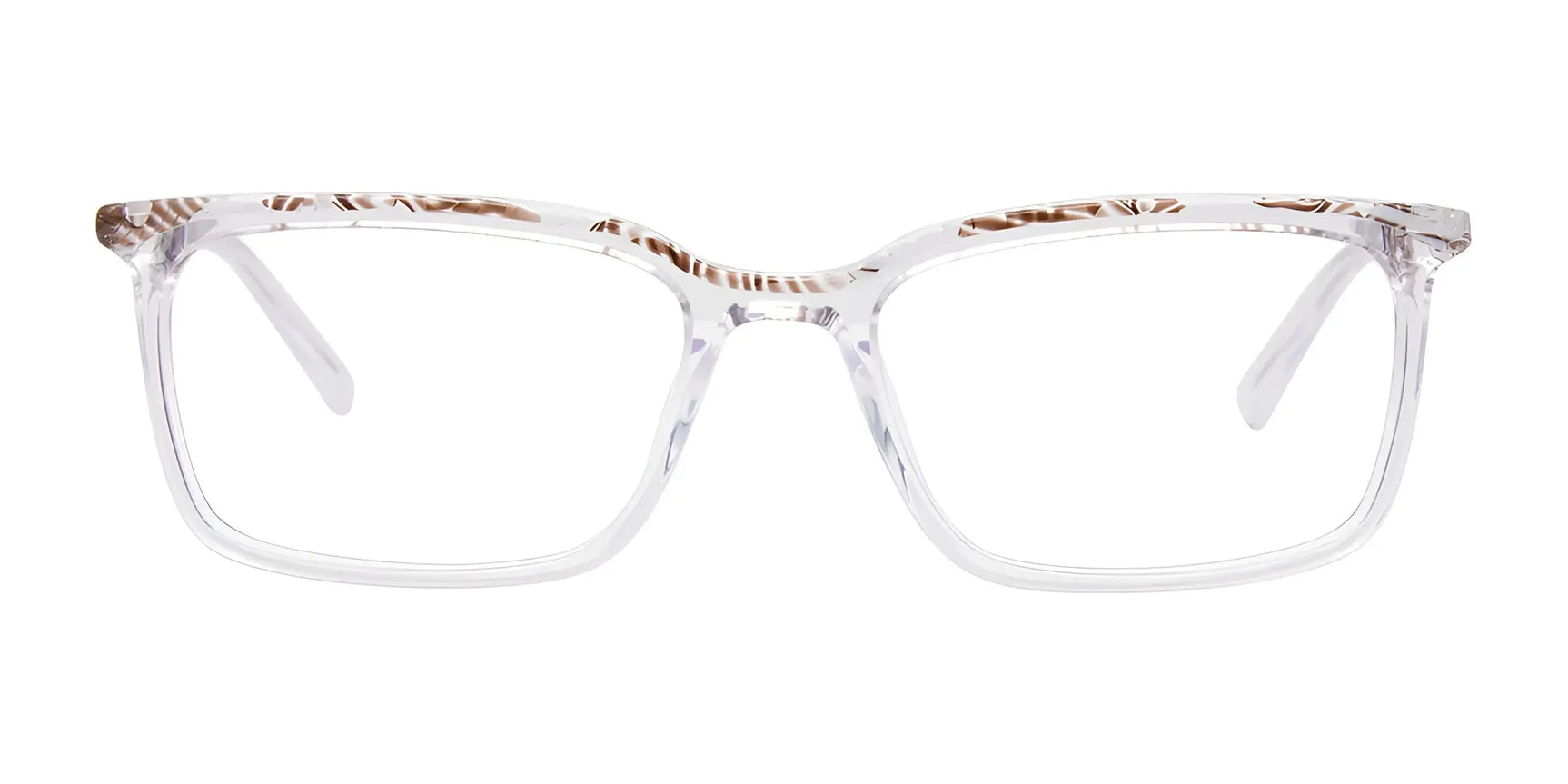 The EasyClip EC635 Eyeglasses in size 52 by EasyClip feature clear rectangular frames with subtle brown patterns on top, shown on a white background. They include convenient clip-on sunglasses for extra versatility. The EasyClip EC635 Eyeglasses in size 52 by EasyClip feature clear rectangular frames with subtle brown patterns on top, shown on a white background. They include convenient clip-on sunglasses for extra versatility.