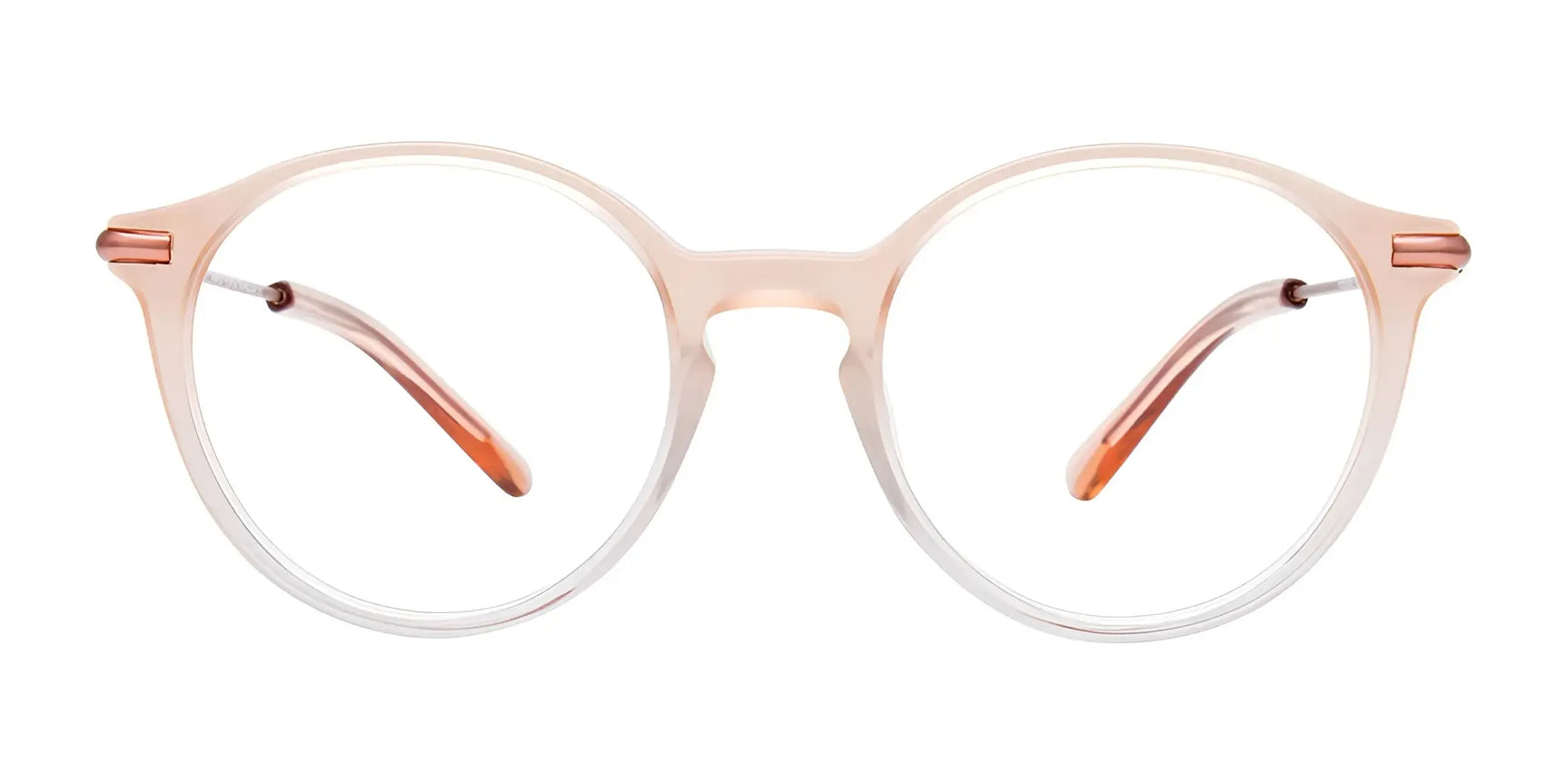 The EasyClip EC640 Eyeglasses | Size 45 by EasyClip feature a round, light pink full-rim frame with slim arms and crystal clear lenses, displayed against a white background. The EasyClip EC640 Eyeglasses | Size 45 by EasyClip feature a round, light pink full-rim frame with slim arms and crystal clear lenses, displayed against a white background.