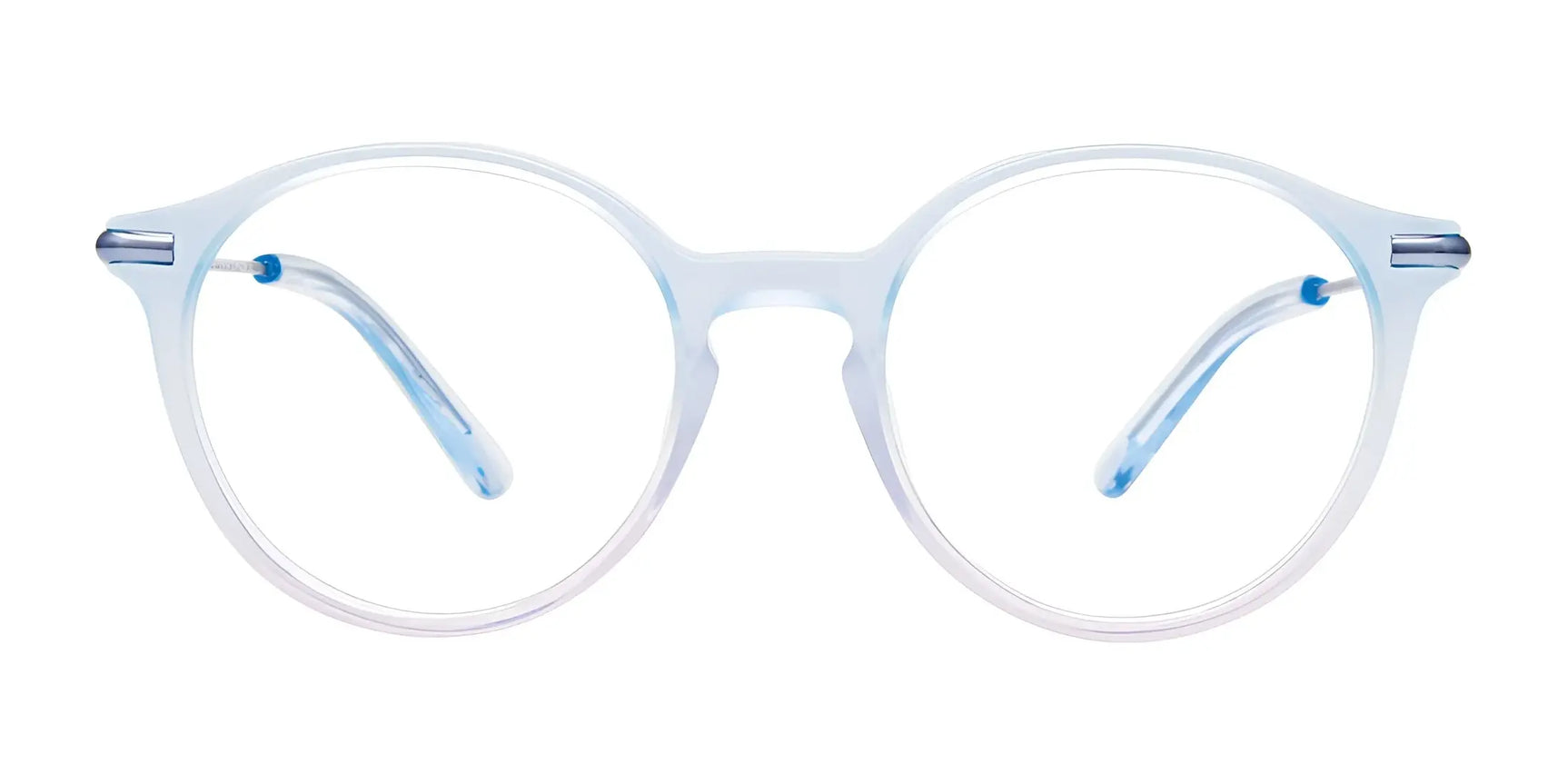 EasyClip EC640 Eyeglasses in size 45 with clear round frames and light blue accents, shown on a white background. EasyClip EC640 Eyeglasses in size 45 with clear round frames and light blue accents, shown on a white background.