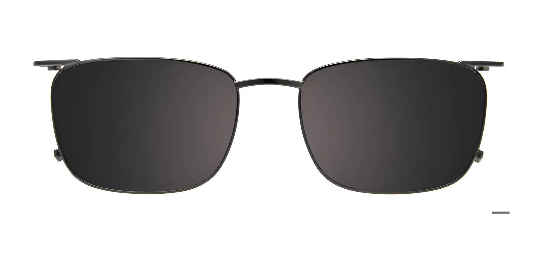 Front view of EasyClip EC641 Eyeglasses with black rectangular clip-on sunglasses and dark lenses, by EasyClip, size 53, on a white background. Front view of EasyClip EC641 Eyeglasses with black rectangular clip-on sunglasses and dark lenses, by EasyClip, size 53, on a white background.