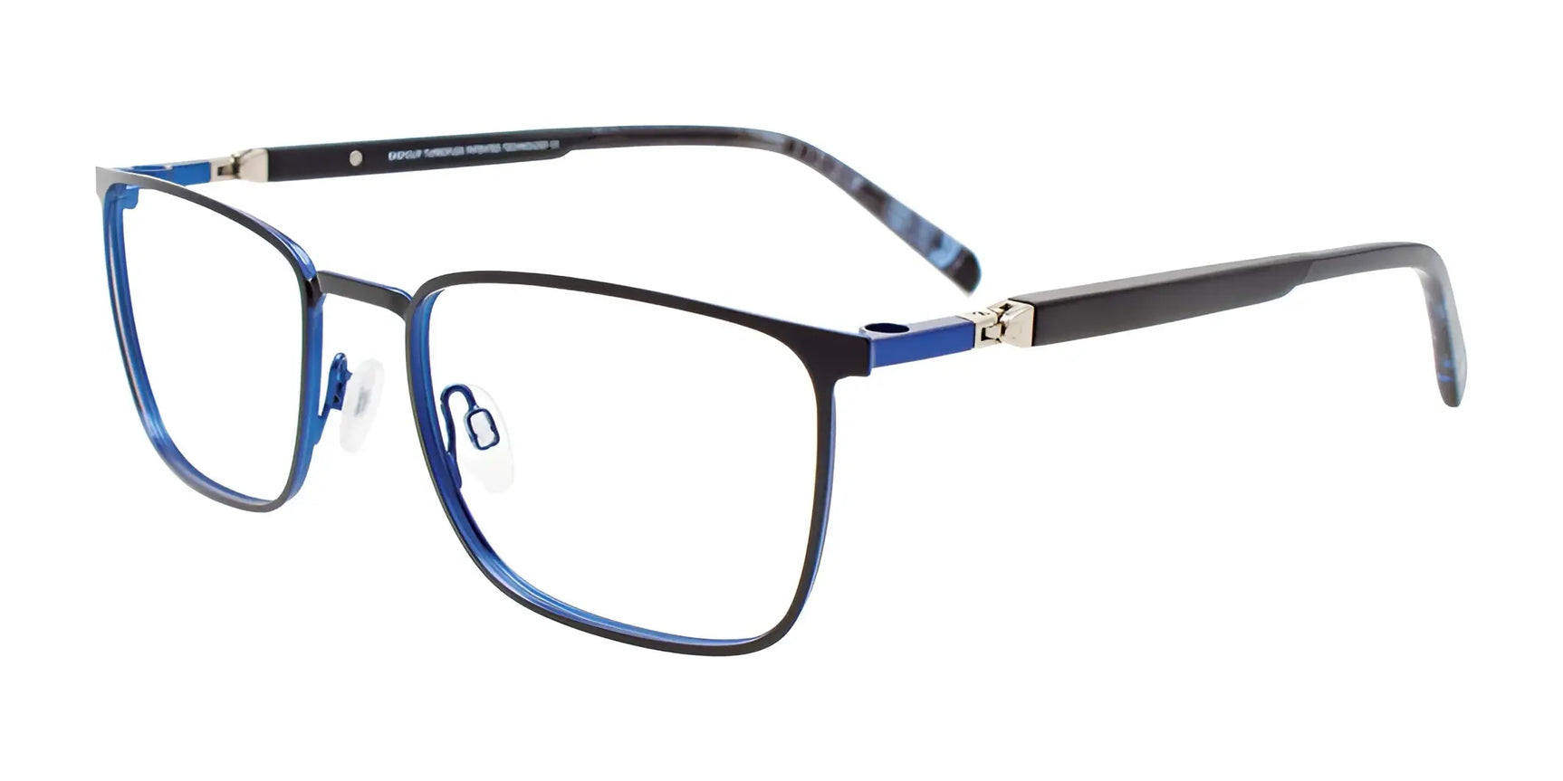 EasyClip EC641 Eyeglasses by EasyClip feature blue and black rectangular thin metal frames, adjustable nose pads, and include convenient clip-on sunglasses. Size 53. EasyClip EC641 Eyeglasses by EasyClip feature blue and black rectangular thin metal frames, adjustable nose pads, and include convenient clip-on sunglasses. Size 53.