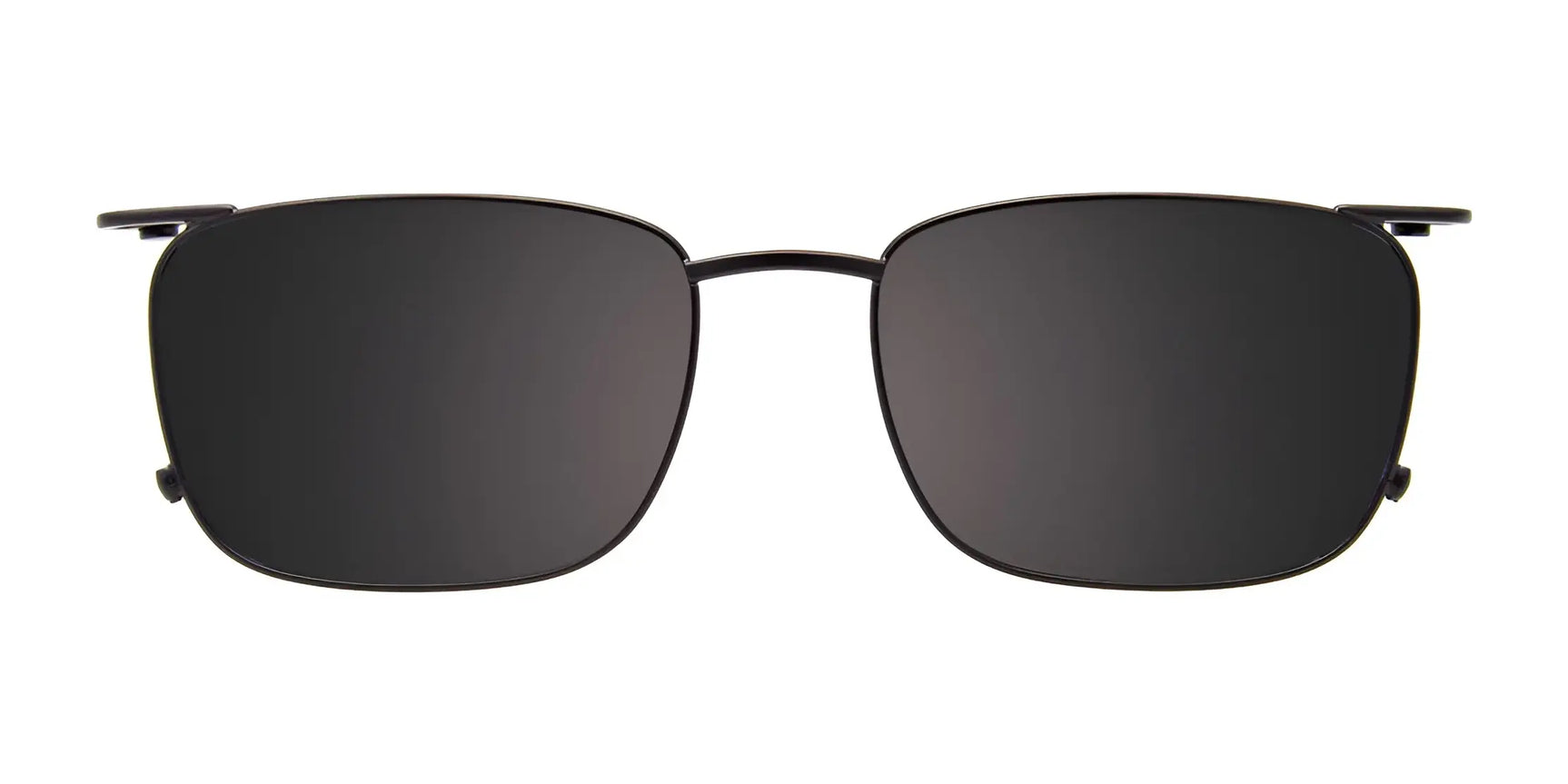 EasyClip EC641 eyeglasses by EasyClip, size 53, shown with clip-on rectangular black polarized sunglasses featuring thin metal frames and dark lenses, displayed on a white background. EasyClip EC641 eyeglasses by EasyClip, size 53, shown with clip-on rectangular black polarized sunglasses featuring thin metal frames and dark lenses, displayed on a white background.