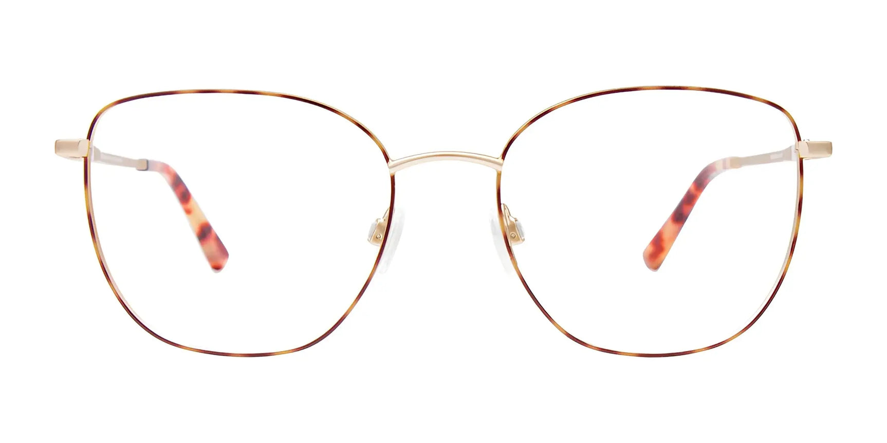 EasyClip EC643 Eyeglasses with Clip-on Sunglasses feature gold-rimmed, rounded square frames and tortoiseshell-patterned arms, shown on a white background. Brand: EasyClip. Size: 54. EasyClip EC643 Eyeglasses with Clip-on Sunglasses feature gold-rimmed, rounded square frames and tortoiseshell-patterned arms, shown on a white background. Brand: EasyClip. Size: 54.