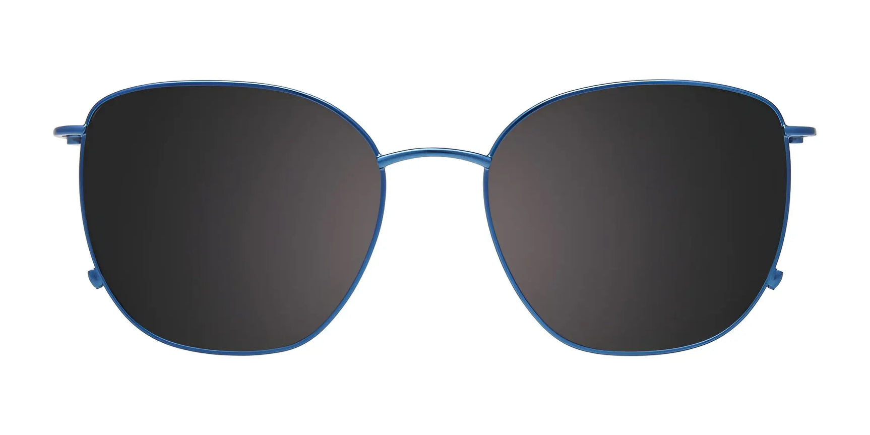 EasyClip EC643 Eyeglasses with Clip-on Sunglasses, size 54, feature thin blue metal frames and a convenient clip-on design, shown on a white background. EasyClip EC643 Eyeglasses with Clip-on Sunglasses, size 54, feature thin blue metal frames and a convenient clip-on design, shown on a white background.