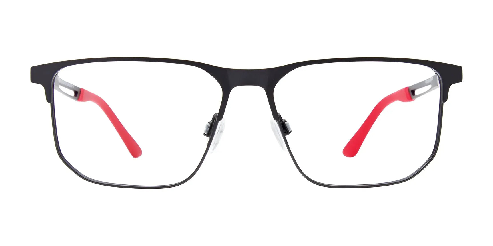 EasyClip EC644 Eyeglasses with Clip-on Sunglasses by EasyClip, size 54, shown in black with red temple arms on a white background (front view). Includes convenient clip-on sunglasses for UV protection. EasyClip EC644 Eyeglasses with Clip-on Sunglasses by EasyClip, size 54, shown in black with red temple arms on a white background (front view). Includes convenient clip-on sunglasses for UV protection.
