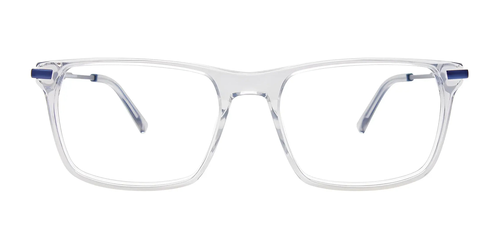 EasyClip EC646 Eyeglasses with Clip-on Sunglasses in clear rectangular frames and blue temple accents by EasyClip, size 53. Effortlessly transition outdoors with the included polarized clip-on, shown on a white background. EasyClip EC646 Eyeglasses with Clip-on Sunglasses in clear rectangular frames and blue temple accents by EasyClip, size 53. Effortlessly transition outdoors with the included polarized clip-on, shown on a white background.