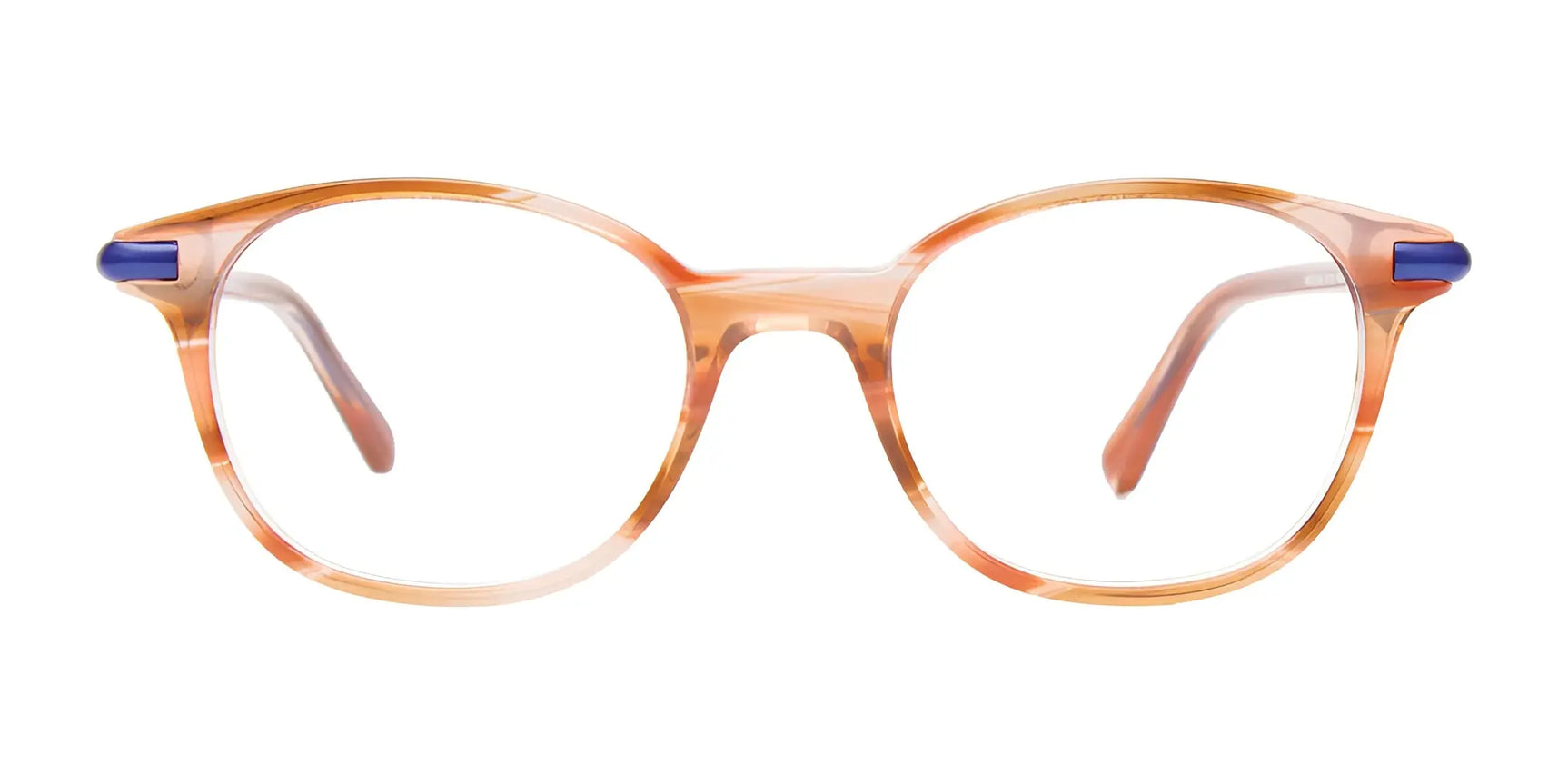 EasyClip EC649 Eyeglasses | Size 45 by EasyClip feature round, translucent amber frames with blue temple accents, displayed on a white background. EasyClip EC649 Eyeglasses | Size 45 by EasyClip feature round, translucent amber frames with blue temple accents, displayed on a white background.
