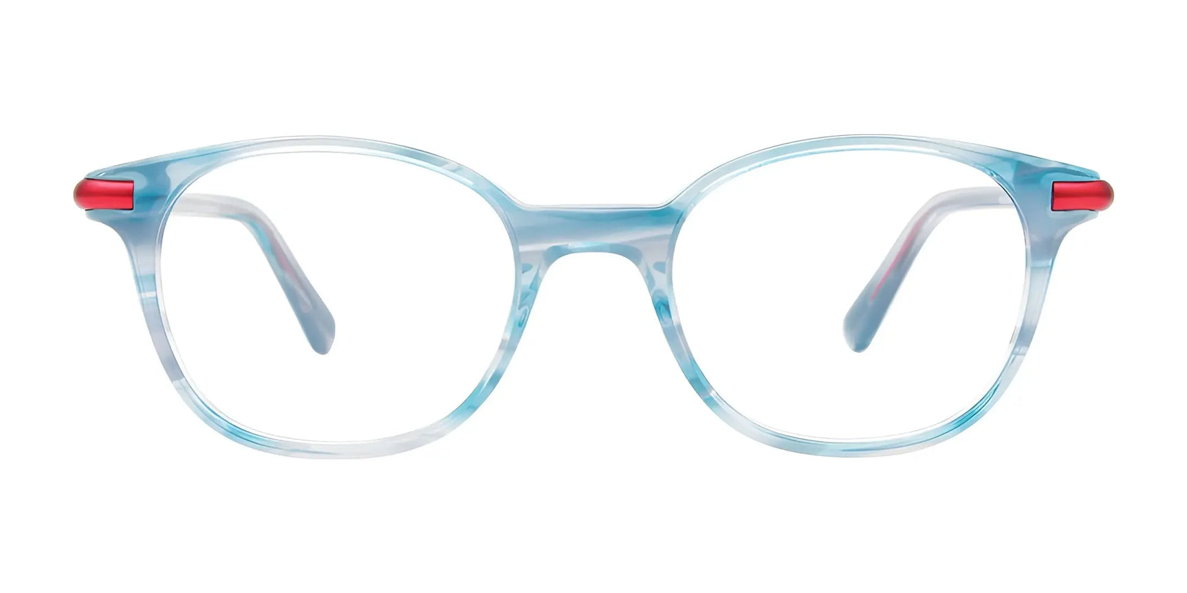 EasyClip EC649 Eyeglasses in size 45, featuring a blue round frame with red hinge accents by EasyClip, shown on a white background. EasyClip EC649 Eyeglasses in size 45, featuring a blue round frame with red hinge accents by EasyClip, shown on a white background.