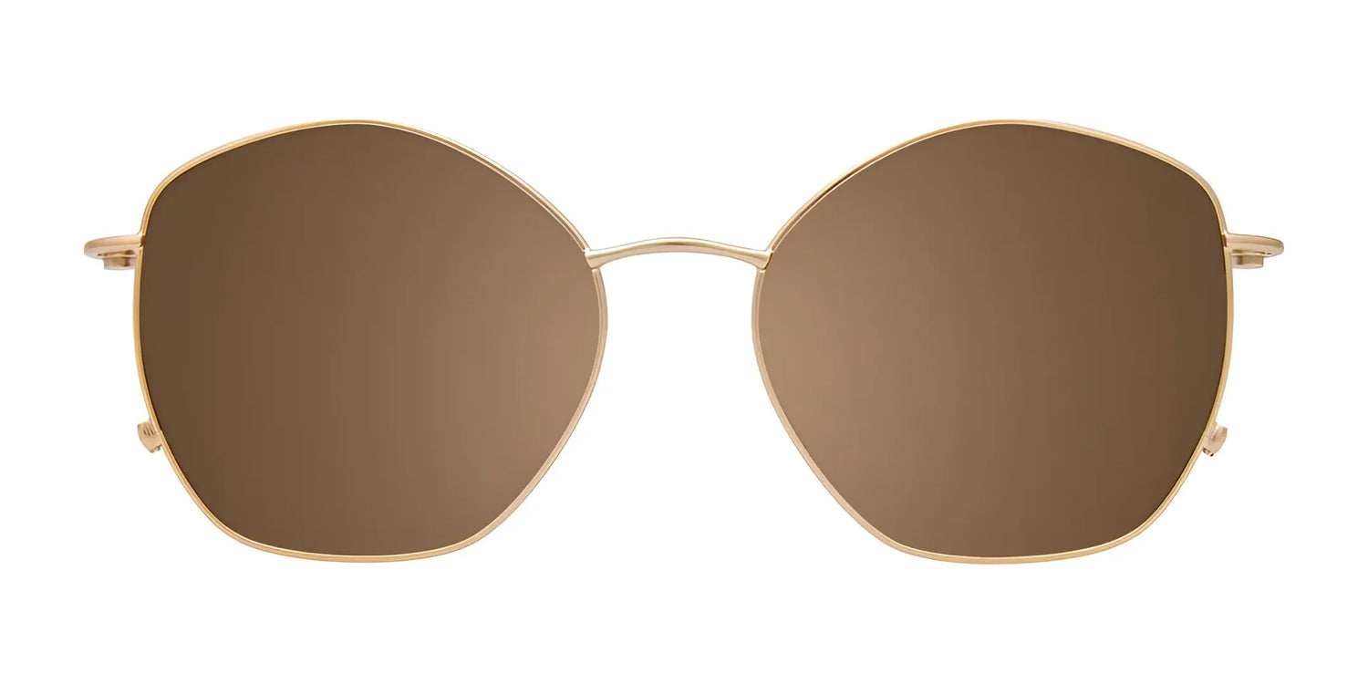 EasyClip EC650 Eyeglasses with Clip-on Sunglasses (Size 53) by EasyClip feature gold frames and brown tinted clip-ons, ideal for wearing over prescription glasses. Shown on a white background. EasyClip EC650 Eyeglasses with Clip-on Sunglasses (Size 53) by EasyClip feature gold frames and brown tinted clip-ons, ideal for wearing over prescription glasses. Shown on a white background.
