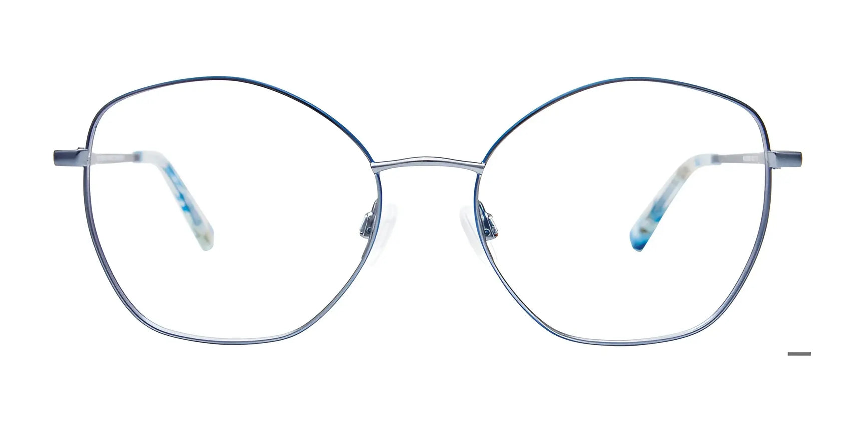 EasyClip EC650 Eyeglasses with Clip-on Sunglasses, by EasyClip, feature thin metal frames, rounded hexagonal lenses, and blue-tinted temple tips. Shown in size 53 on a white background. EasyClip EC650 Eyeglasses with Clip-on Sunglasses, by EasyClip, feature thin metal frames, rounded hexagonal lenses, and blue-tinted temple tips. Shown in size 53 on a white background.