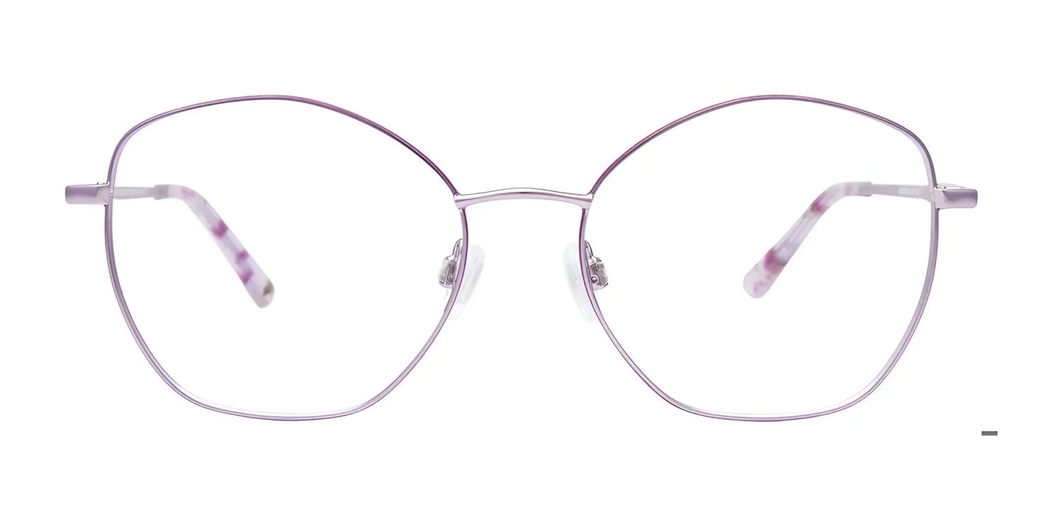 EasyClip EC650 Eyeglasses with Clip-on Sunglasses, featuring thin purple metal geometric frames, displayed on a white background. EasyClip EC650 Eyeglasses with Clip-on Sunglasses, featuring thin purple metal geometric frames, displayed on a white background.