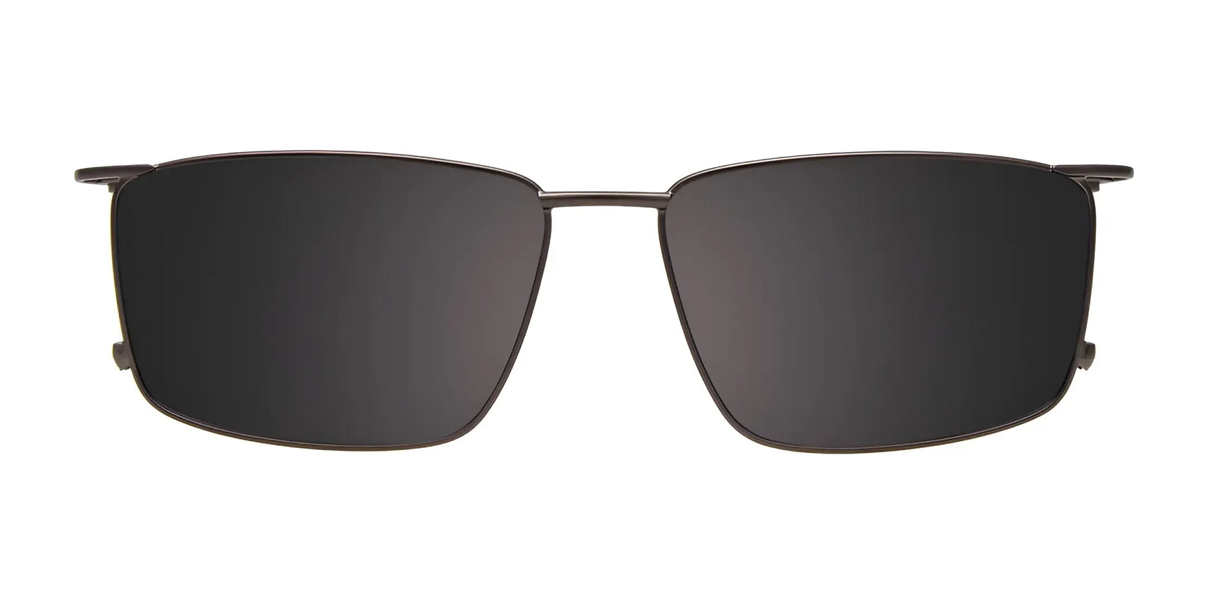 Front view of EasyClip EC651 Eyeglasses with black rectangular clip-on polarized sunglasses, dark lenses, and size 55 on a white background. Front view of EasyClip EC651 Eyeglasses with black rectangular clip-on polarized sunglasses, dark lenses, and size 55 on a white background.