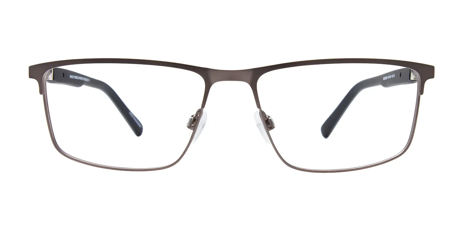 EasyClip EC651 Eyeglasses with Clip-on Sunglasses, size 55, by EasyClip—thin brown metal rectangular frames featuring black temple tips, displayed on a white background. EasyClip EC651 Eyeglasses with Clip-on Sunglasses, size 55, by EasyClip—thin brown metal rectangular frames featuring black temple tips, displayed on a white background.
