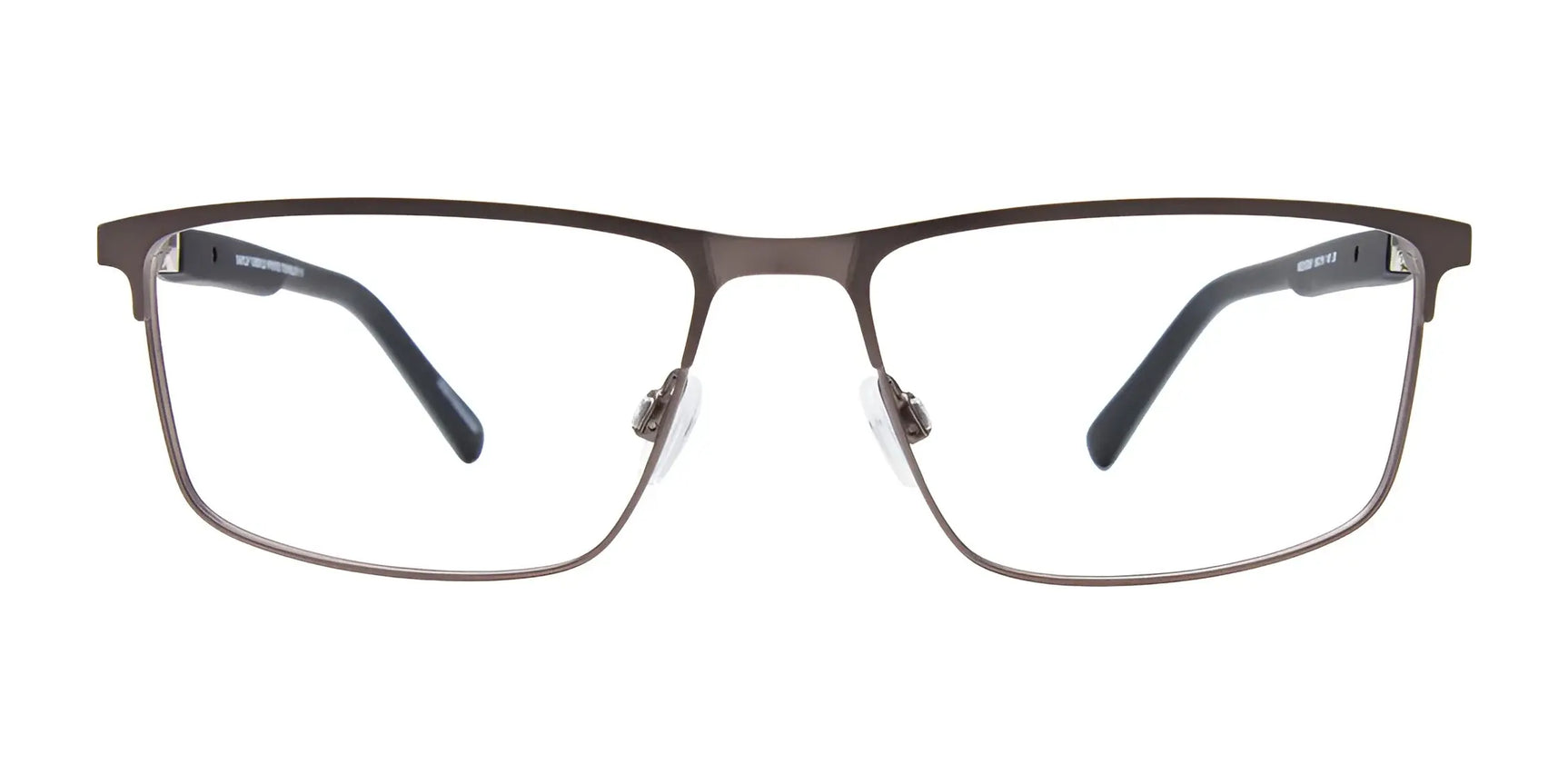 EasyClip EC651 Eyeglasses with Clip-on Sunglasses, size 55, by EasyClip—thin brown metal rectangular frames featuring black temple tips, displayed on a white background. EasyClip EC651 Eyeglasses with Clip-on Sunglasses, size 55, by EasyClip—thin brown metal rectangular frames featuring black temple tips, displayed on a white background.