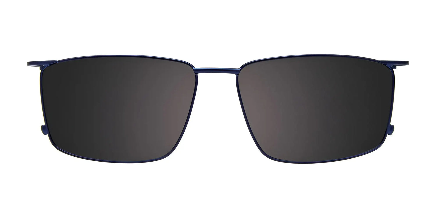 EasyClip EC651 Eyeglasses with Clip-on Sunglasses, size 55, by EasyClip, featuring rectangular black polarized lenses and thin blue metal frames, shown from the front on a white background. EasyClip EC651 Eyeglasses with Clip-on Sunglasses, size 55, by EasyClip, featuring rectangular black polarized lenses and thin blue metal frames, shown from the front on a white background.