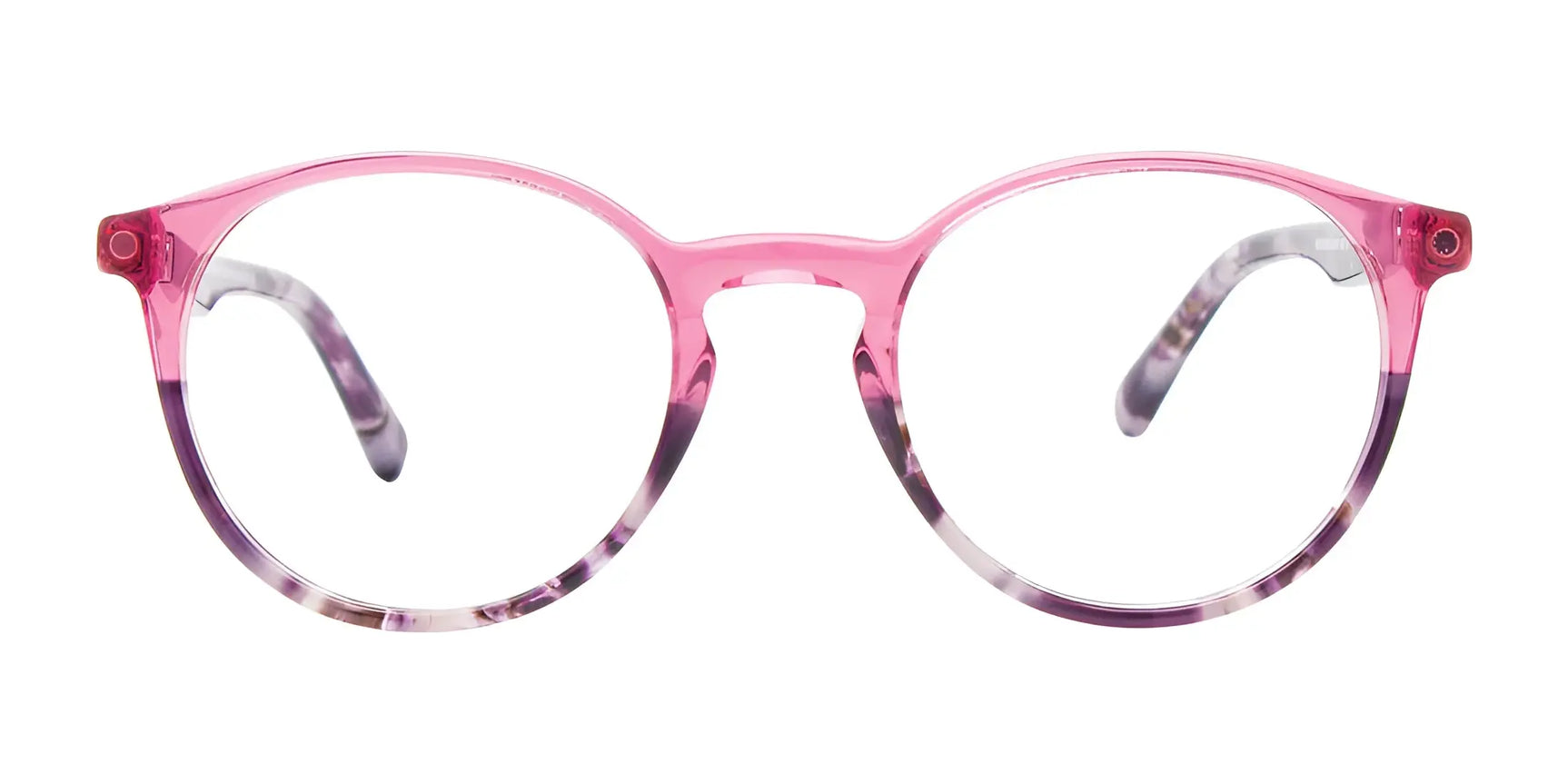 The EasyClip EC656 Eyeglasses | Size 45 by EasyClip feature round pink and purple ombré frames that combine style with UV protection, shown on a white background. The EasyClip EC656 Eyeglasses | Size 45 by EasyClip feature round pink and purple ombré frames that combine style with UV protection, shown on a white background.