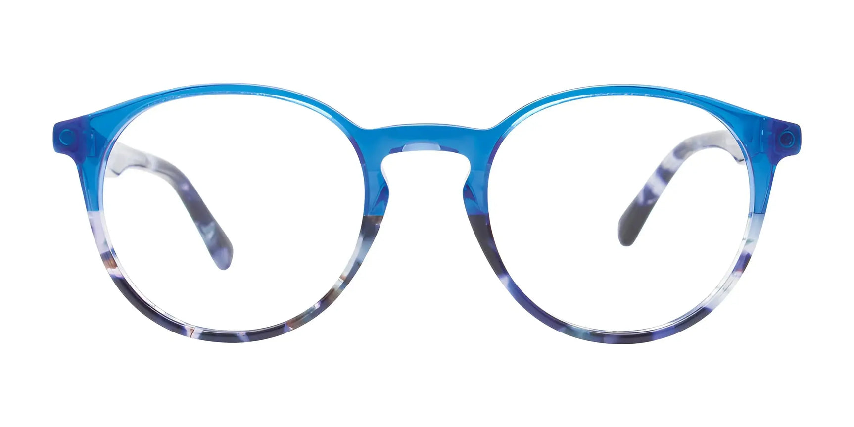 EasyClip EC656 Eyeglasses | Size 45 by EasyClip, blue and clear round plastic frames with UV protection, shown on a white background. EasyClip EC656 Eyeglasses | Size 45 by EasyClip, blue and clear round plastic frames with UV protection, shown on a white background.
