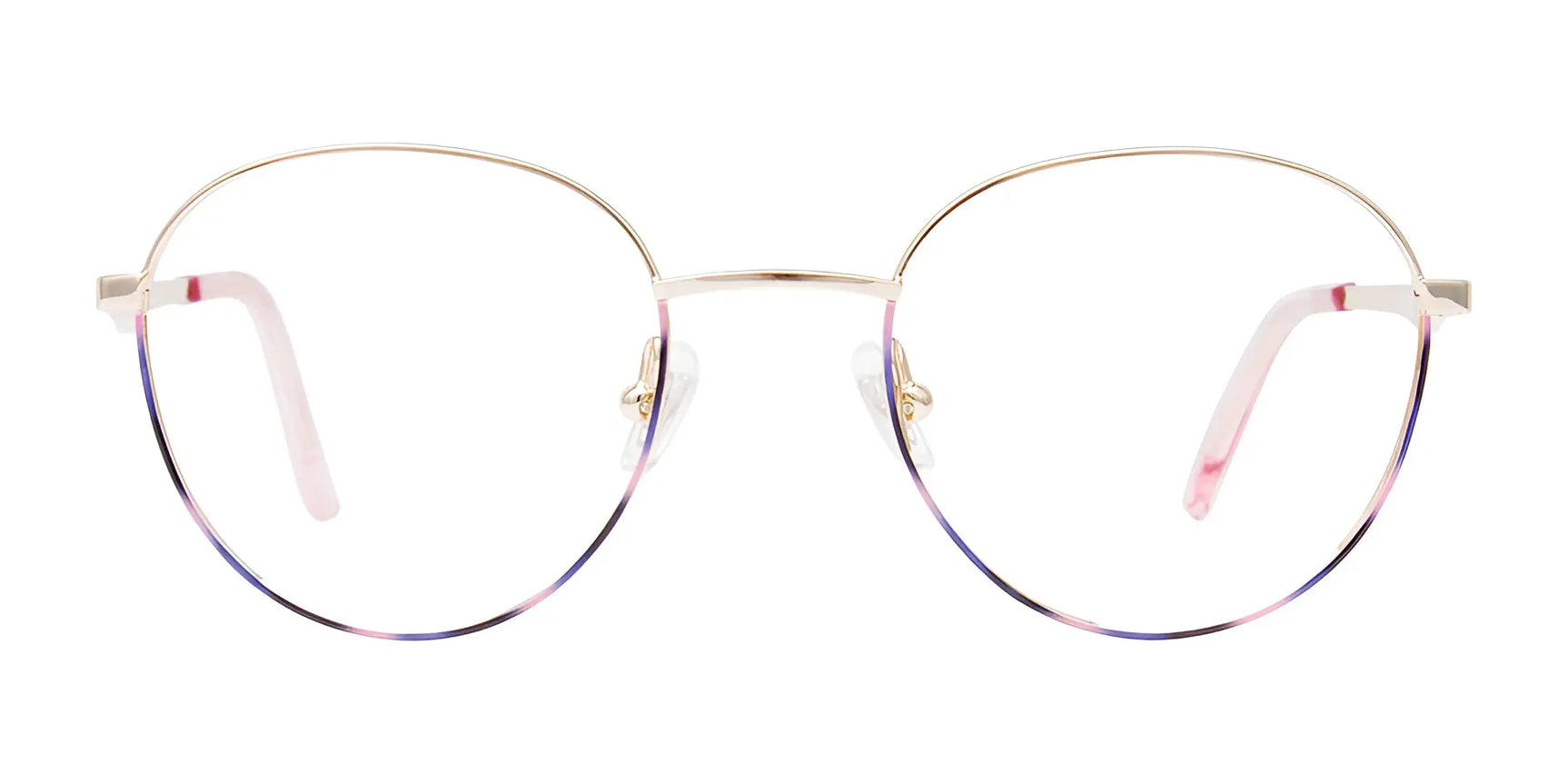 The EasyClip EC657 Eyeglasses by EasyClip feature a round, gold metal frame with thin rims and clear pink temple tips for comfort; shown on a white background. Size 46. The EasyClip EC657 Eyeglasses by EasyClip feature a round, gold metal frame with thin rims and clear pink temple tips for comfort; shown on a white background. Size 46.