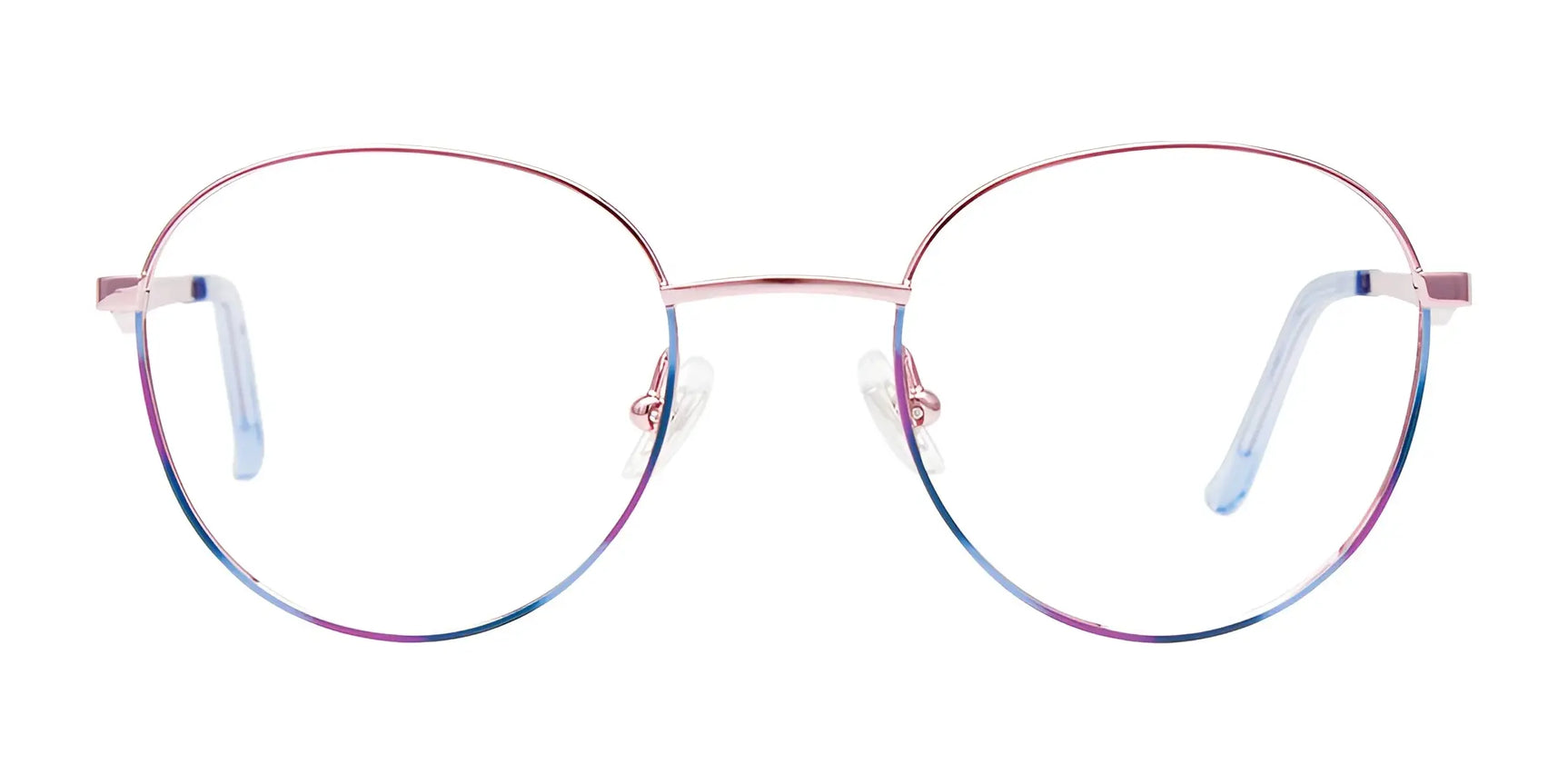 The EasyClip EC657 Eyeglasses | Size 46 feature round, thin metallic pink and blue frames with clear nose pads for comfort. Displayed on a white background, these eyeglasses are by EasyClip. The EasyClip EC657 Eyeglasses | Size 46 feature round, thin metallic pink and blue frames with clear nose pads for comfort. Displayed on a white background, these eyeglasses are by EasyClip.